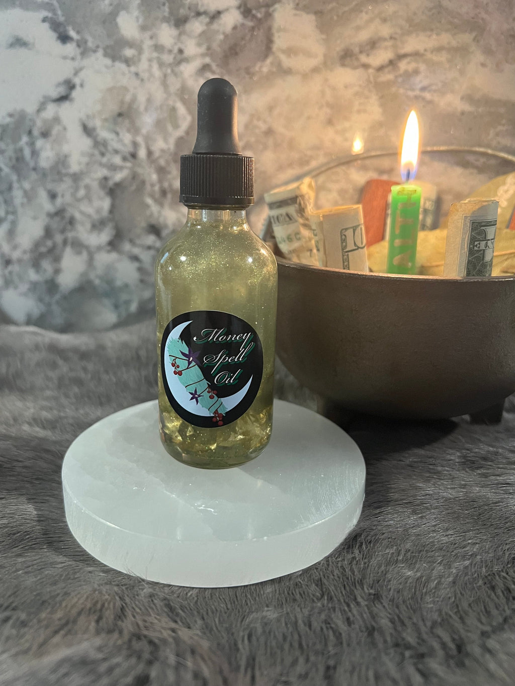 Manifesting Money Spell Oil: Gold Flakes, Jade & Peridot Infused (2oz)