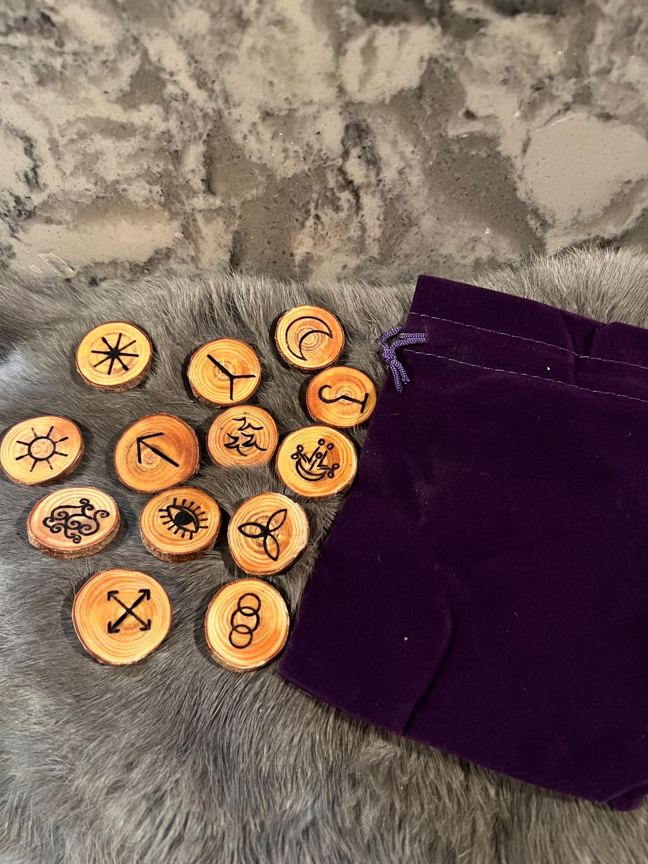 Wooden Witch Rune Set – Pine Discs, Divination Tool, Velvet Bag