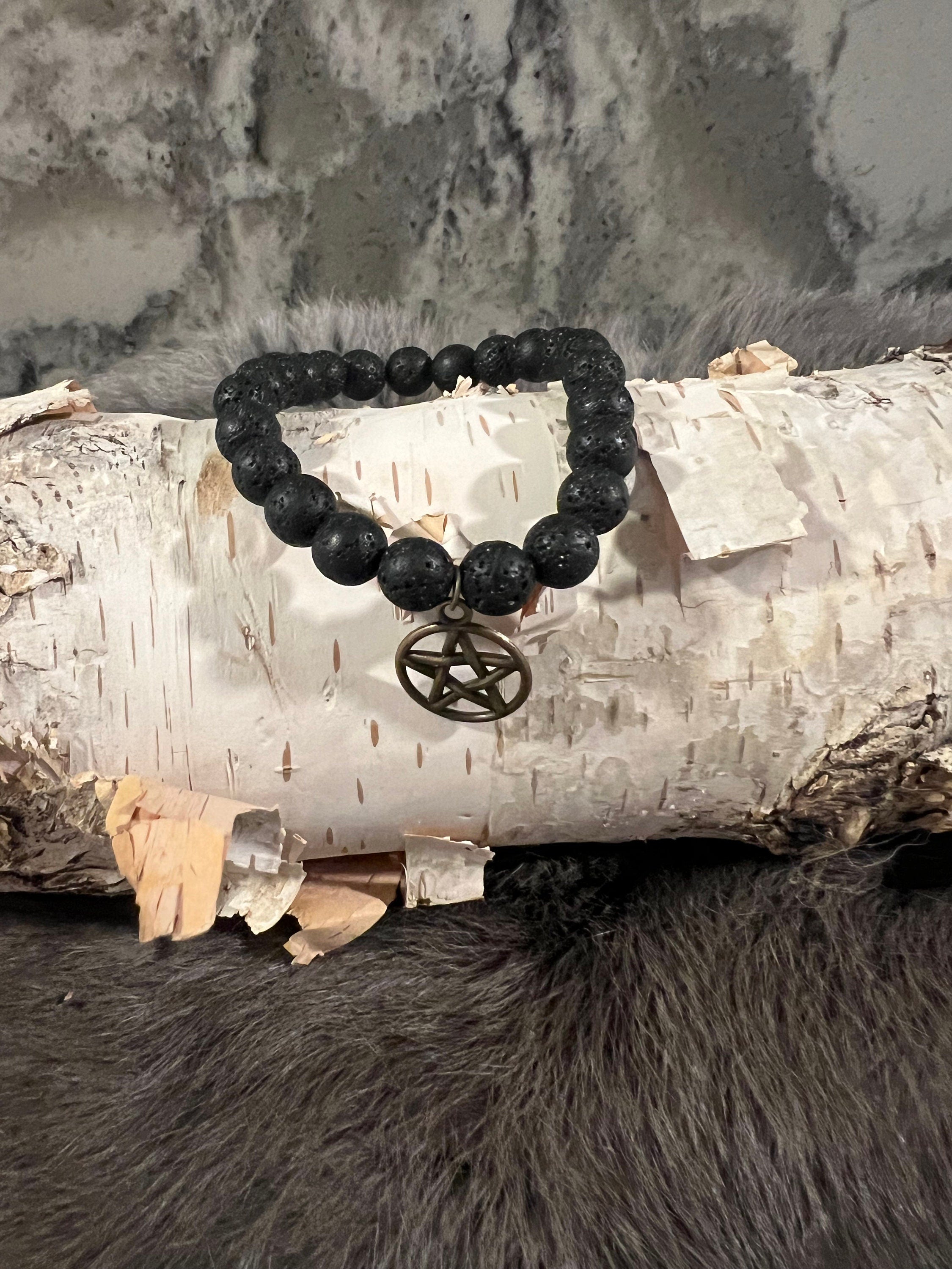 Hand Beaded Lava Stone Bracelet with Pentacle Charm