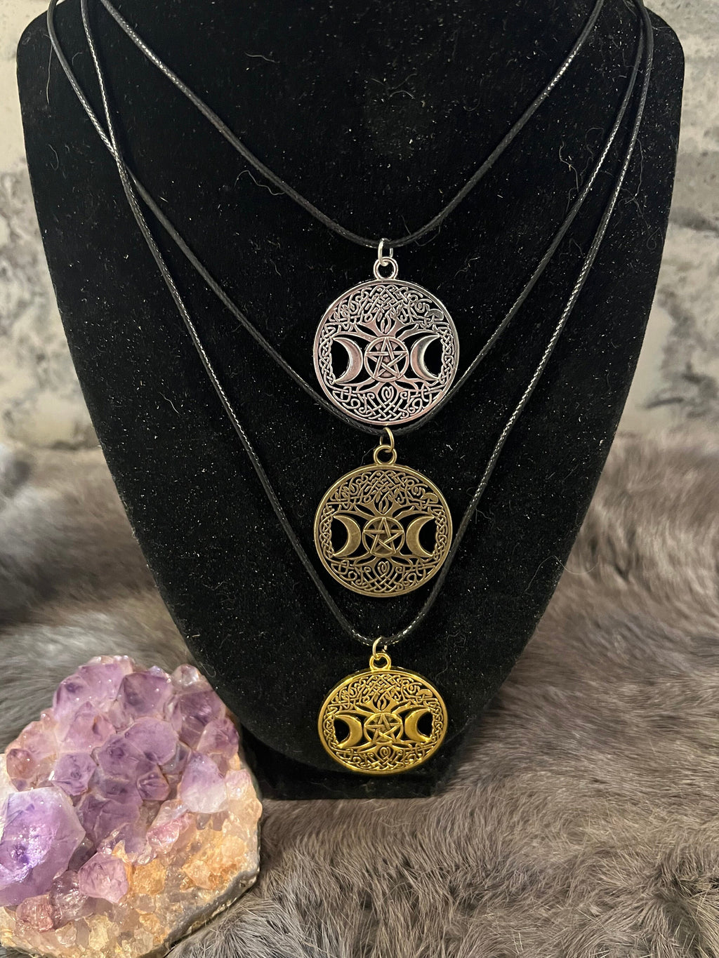 Triple Moon Pentacle Pendant Necklace: Witchy Pagan Jewelry