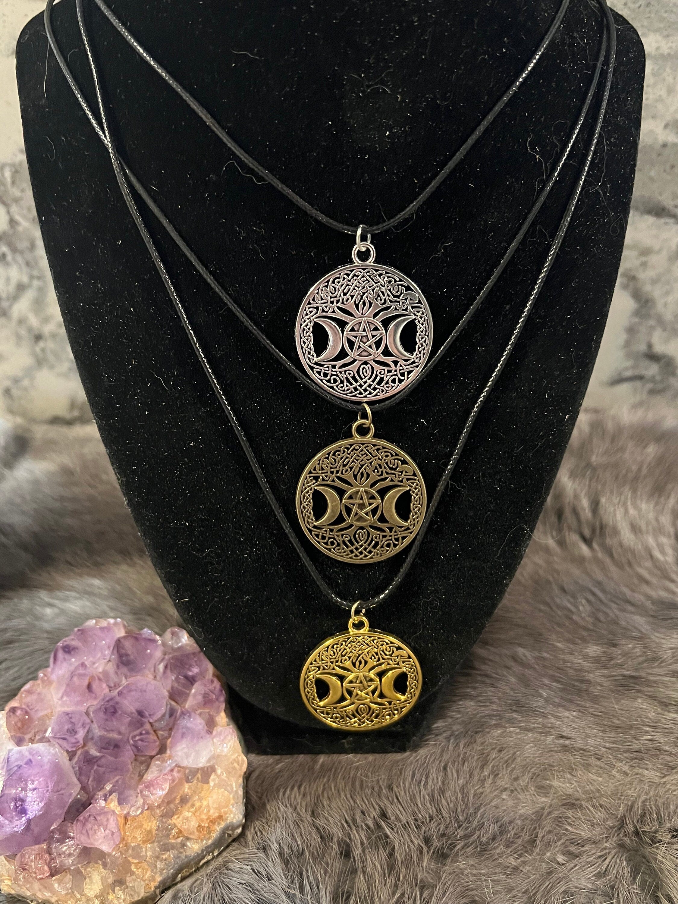 Triple Moon Pentacle Pendant Necklace: Witchy Pagan Jewelry