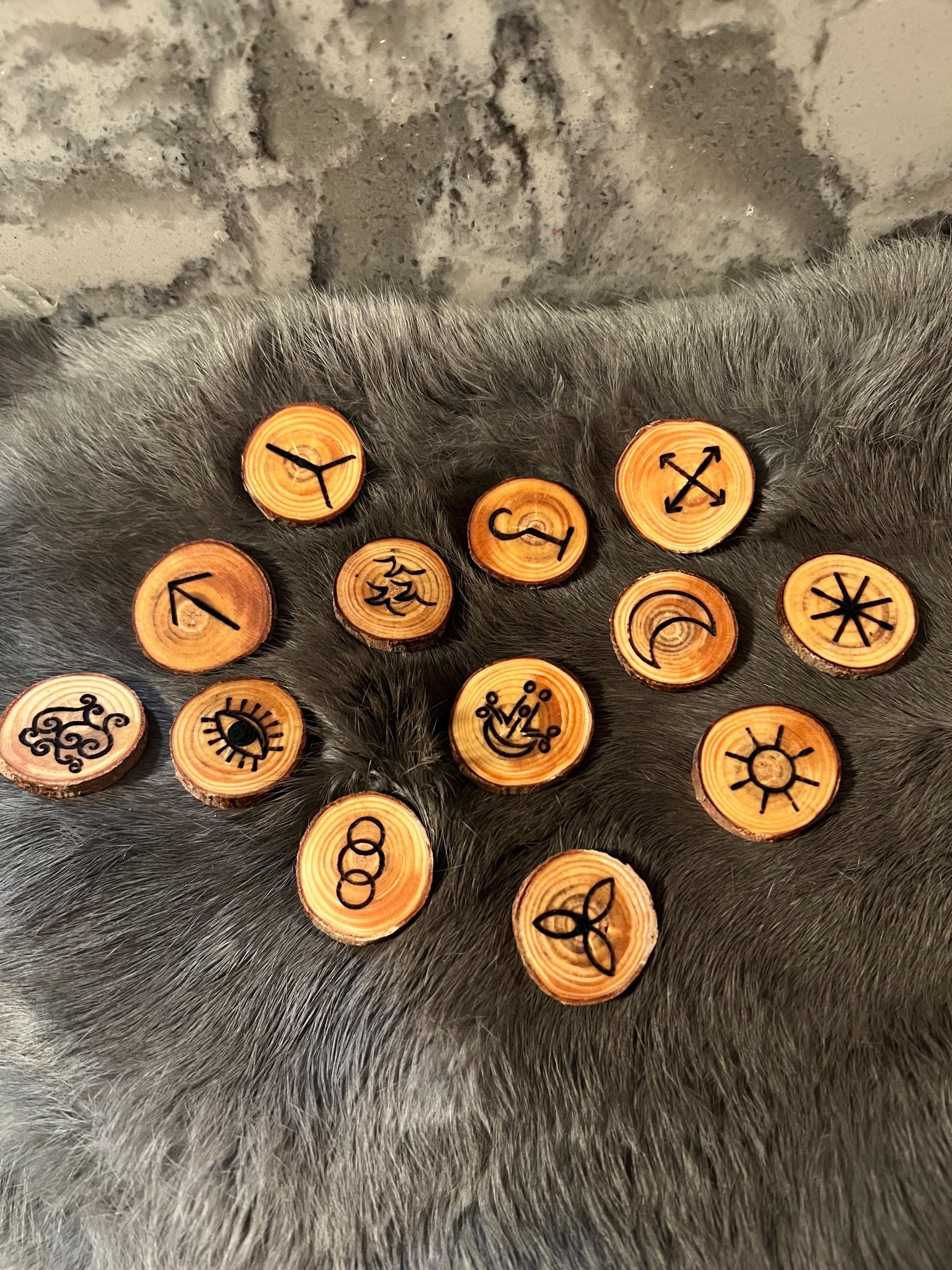 Wooden Witch Rune Set – Pine Discs, Divination Tool, Velvet Bag