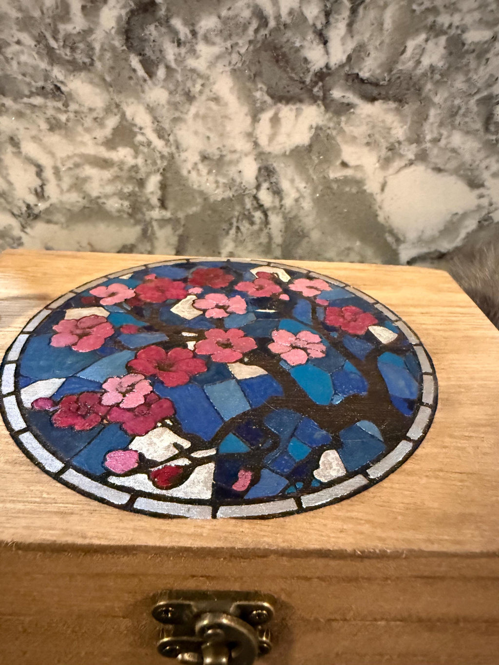 Cherry Blossom Altar Box: Stained Glass Style, Wood Burned