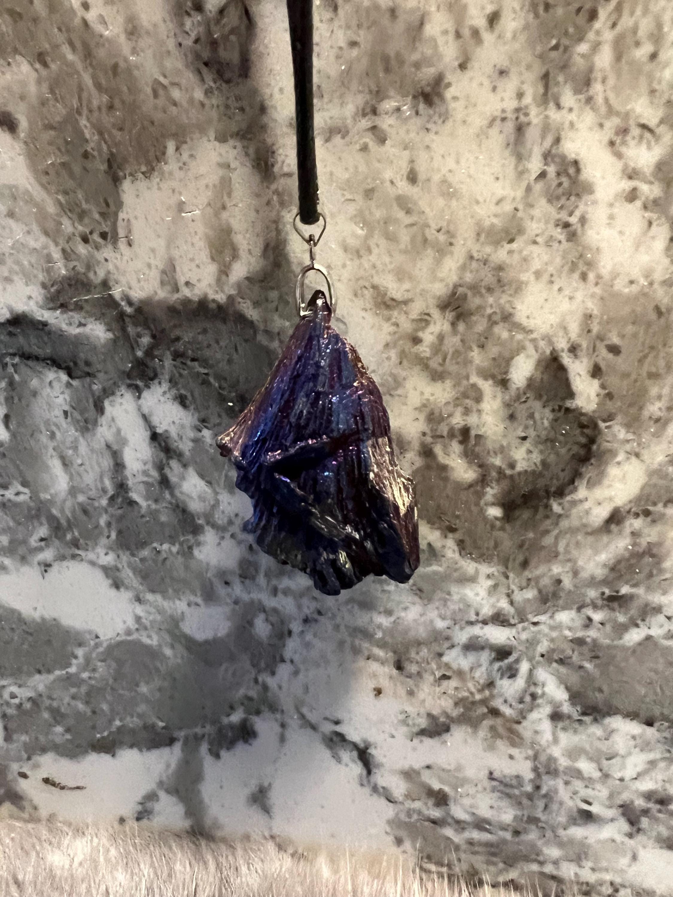 Aura Kyanite Witch Broom Pendant Necklace - Black Leather Cord