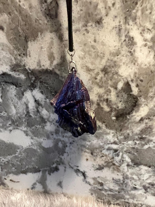 Aura Kyanite Witch Broom Pendant Necklace - Black Leather Cord