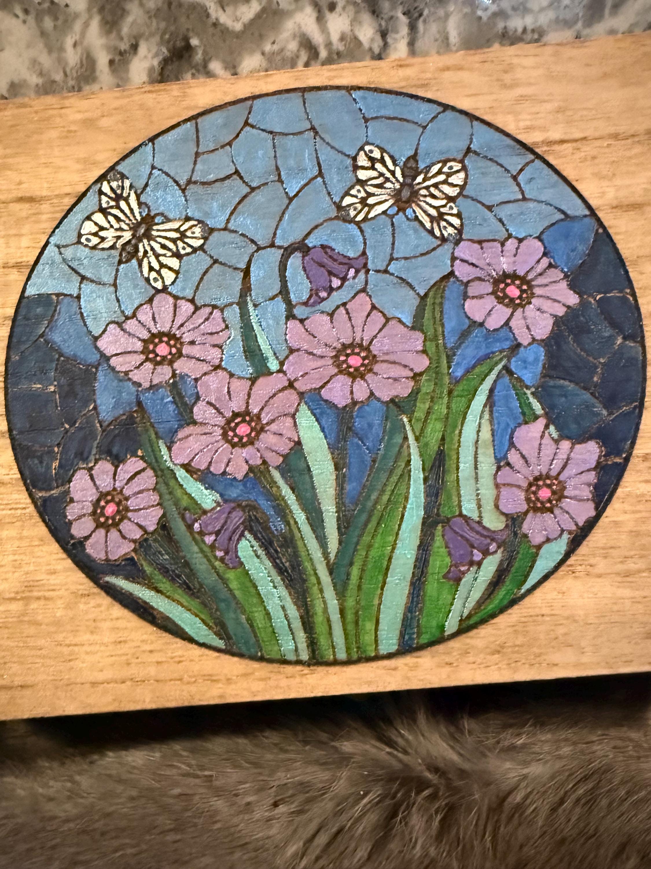 Handmade Garden Altar Box: Wood Burned Stained Glass Style
