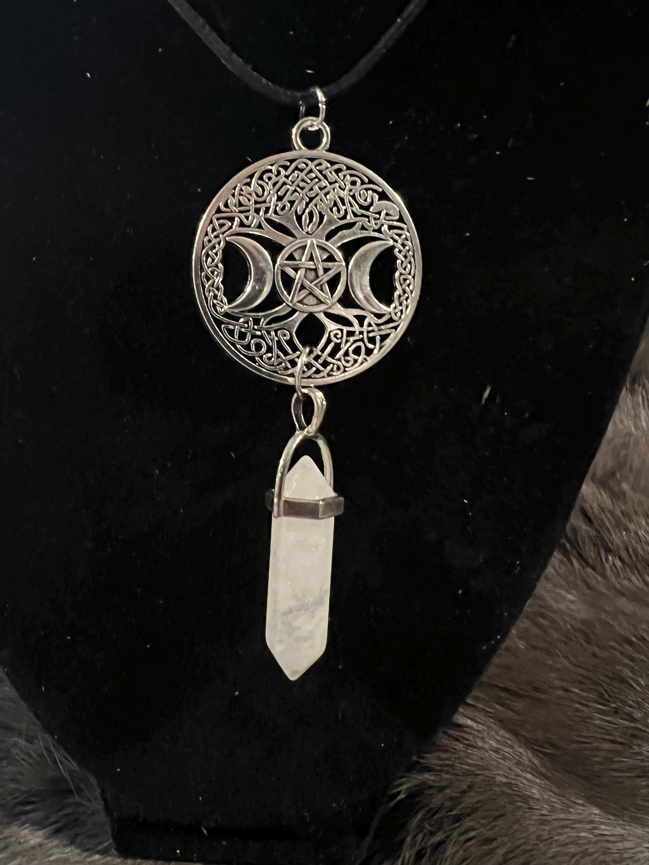 Triple Moon Pentacle Necklace: Quartz Witchy Pendant