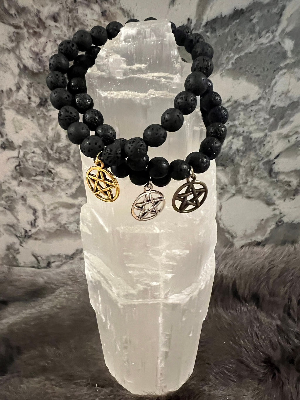 Hand Beaded Lava Stone Bracelet with Pentacle Charm