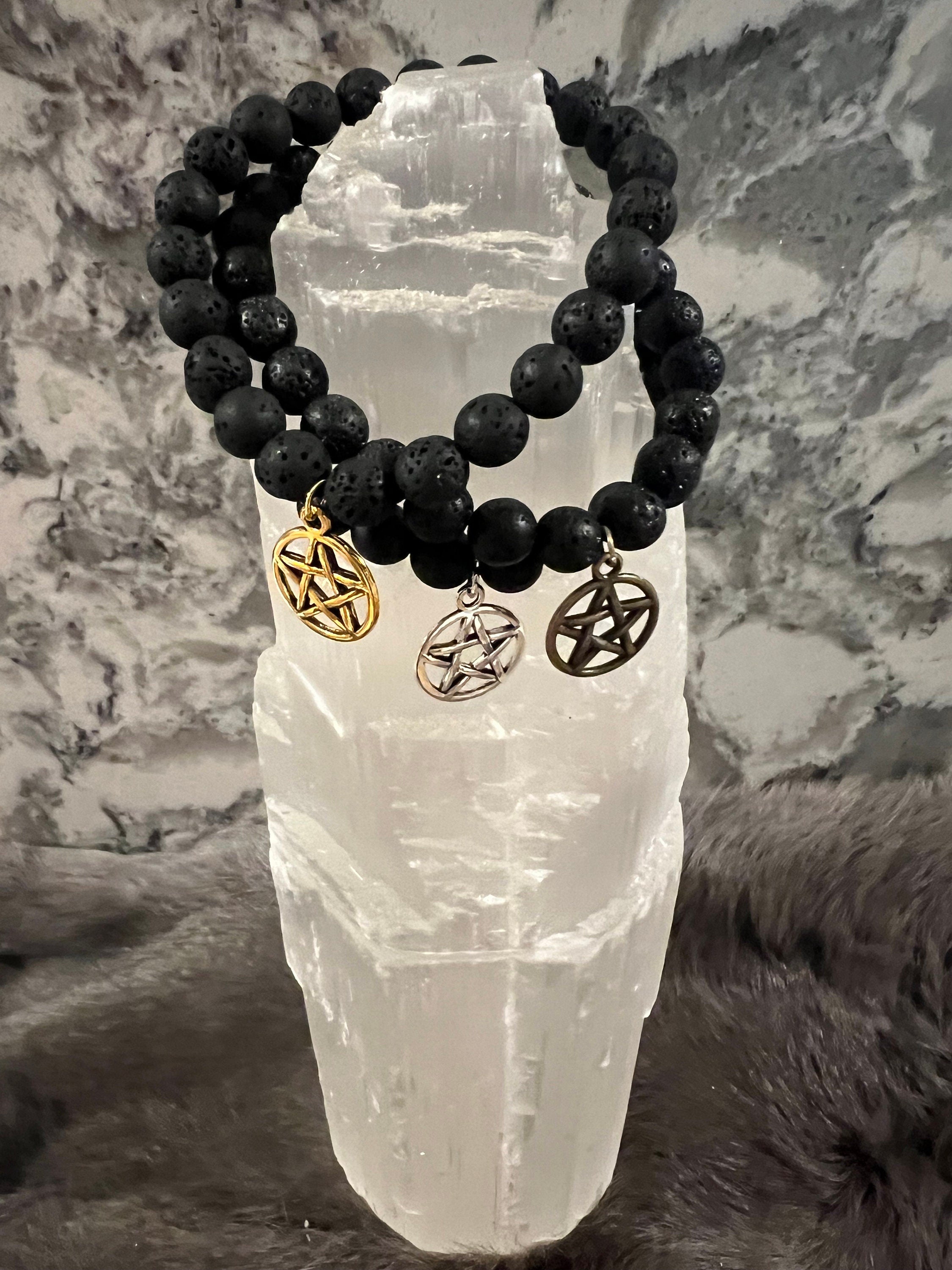 Hand Beaded Lava Stone Bracelet with Pentacle Charm