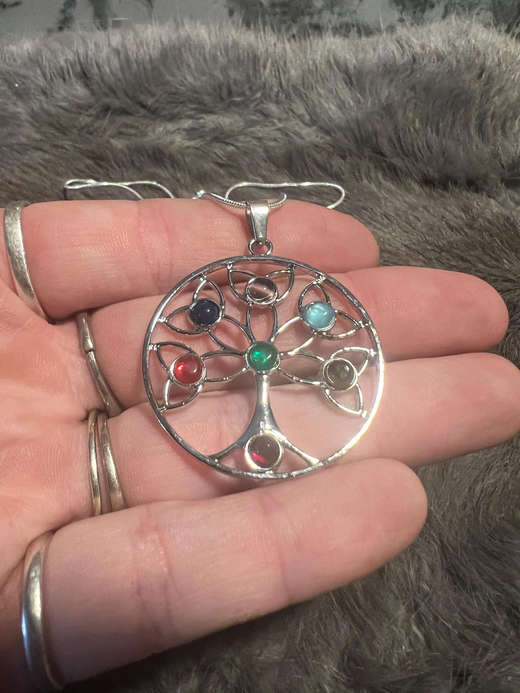 Celtic Tree of Life Necklace: Gemstone Inlay Pendant, Silver Chain