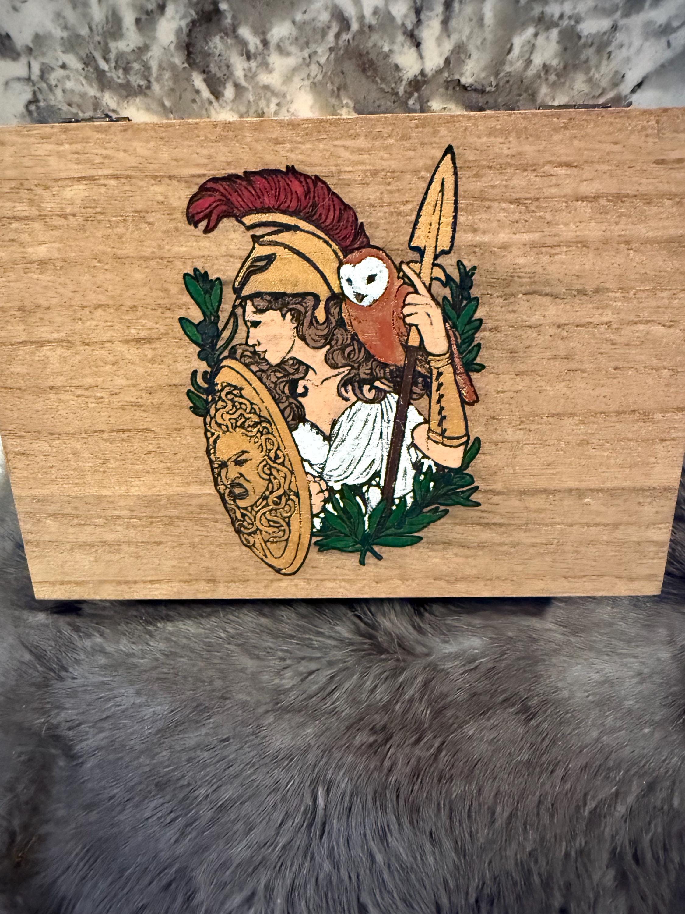 Handmade Athena Altar Box: Wood Burned Goddess Decor