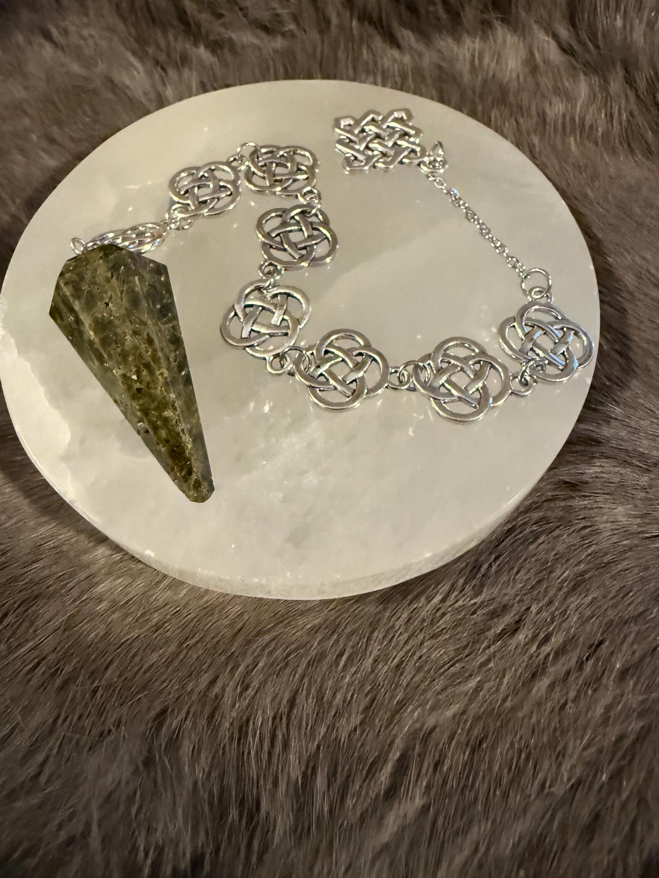 Green Tourmaline Pendulum: Beaded Celtic Knot Divination Tool