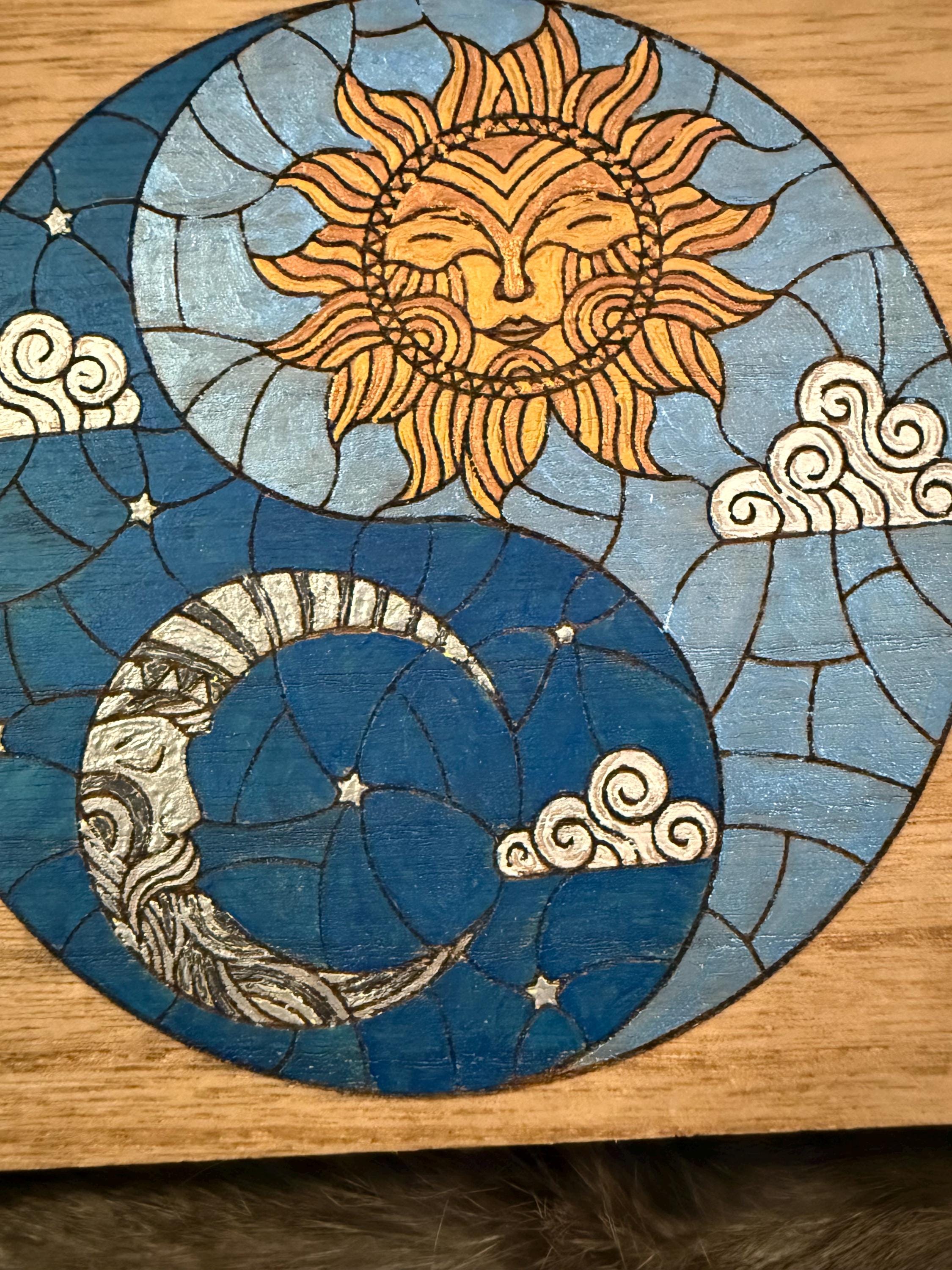 Celestial Yin Yang Altar Box: Wood Burned Sun & Moon