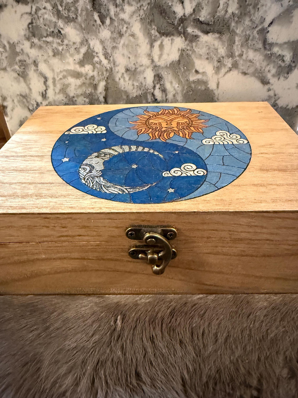 Celestial Yin Yang Altar Box: Wood Burned Sun & Moon