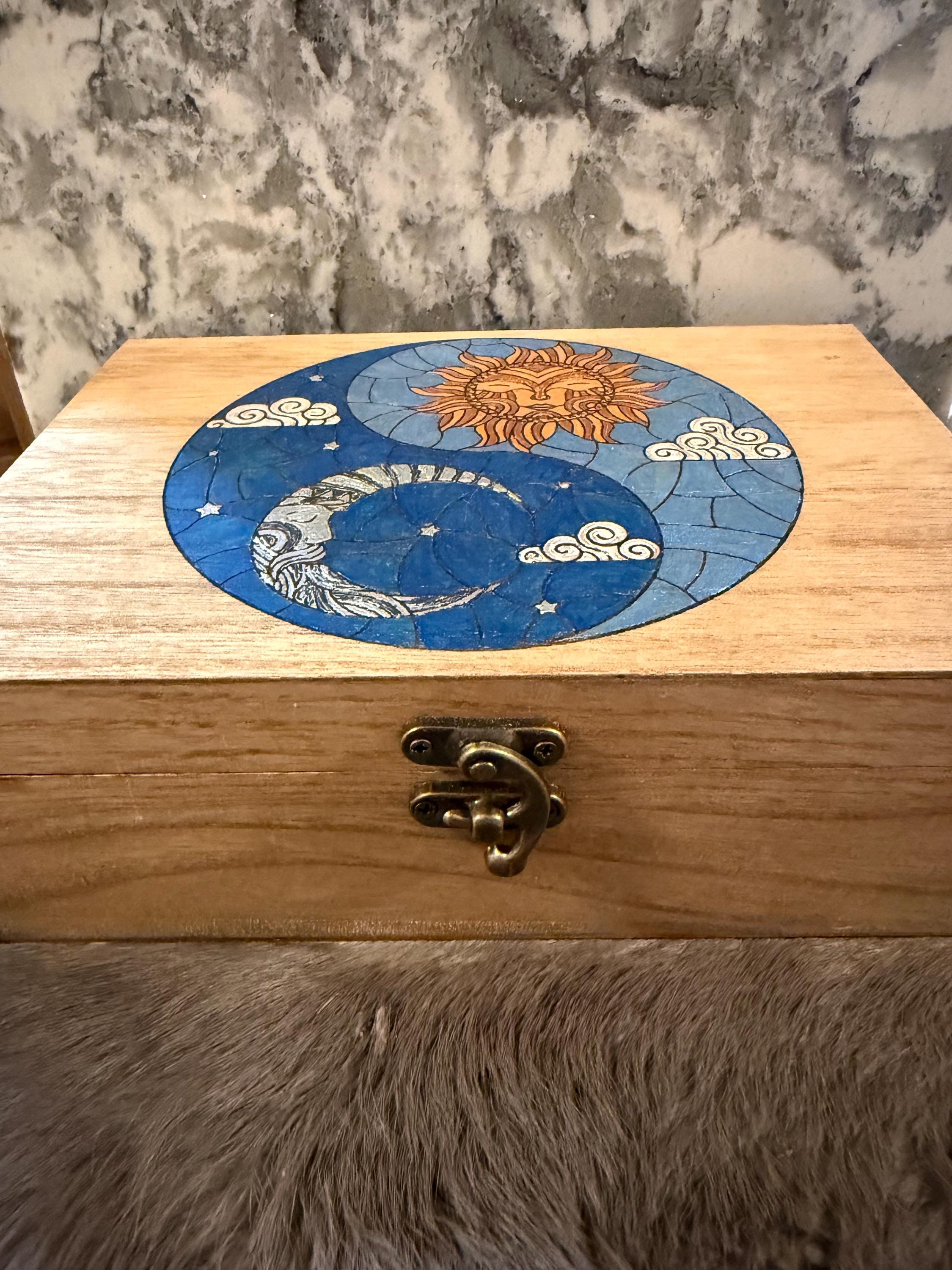 Celestial Yin Yang Altar Box: Wood Burned Sun & Moon