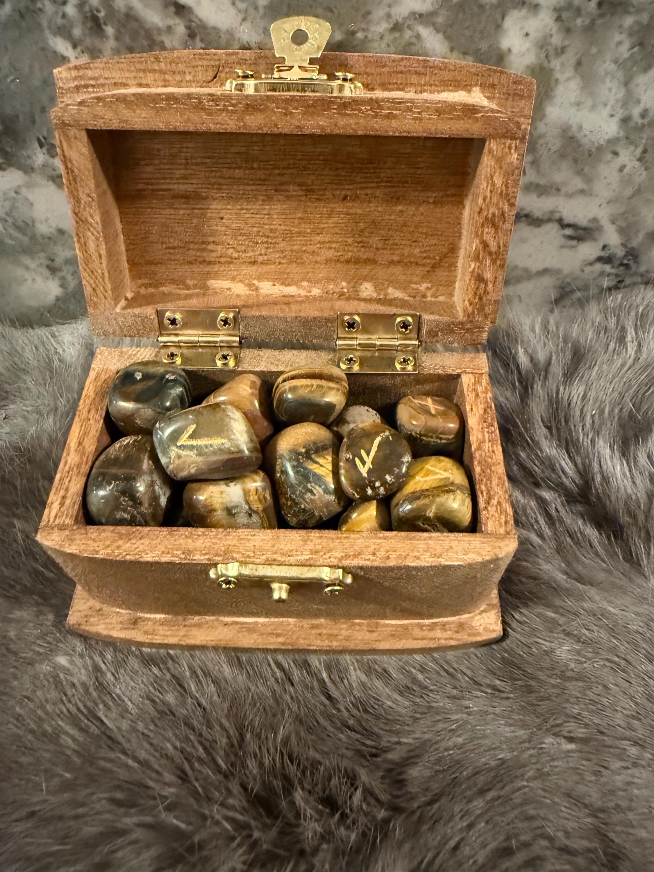 Gemstone Rune Set: Elder Futhark Runes With Crossed Viking Axes Etched Wooden Box