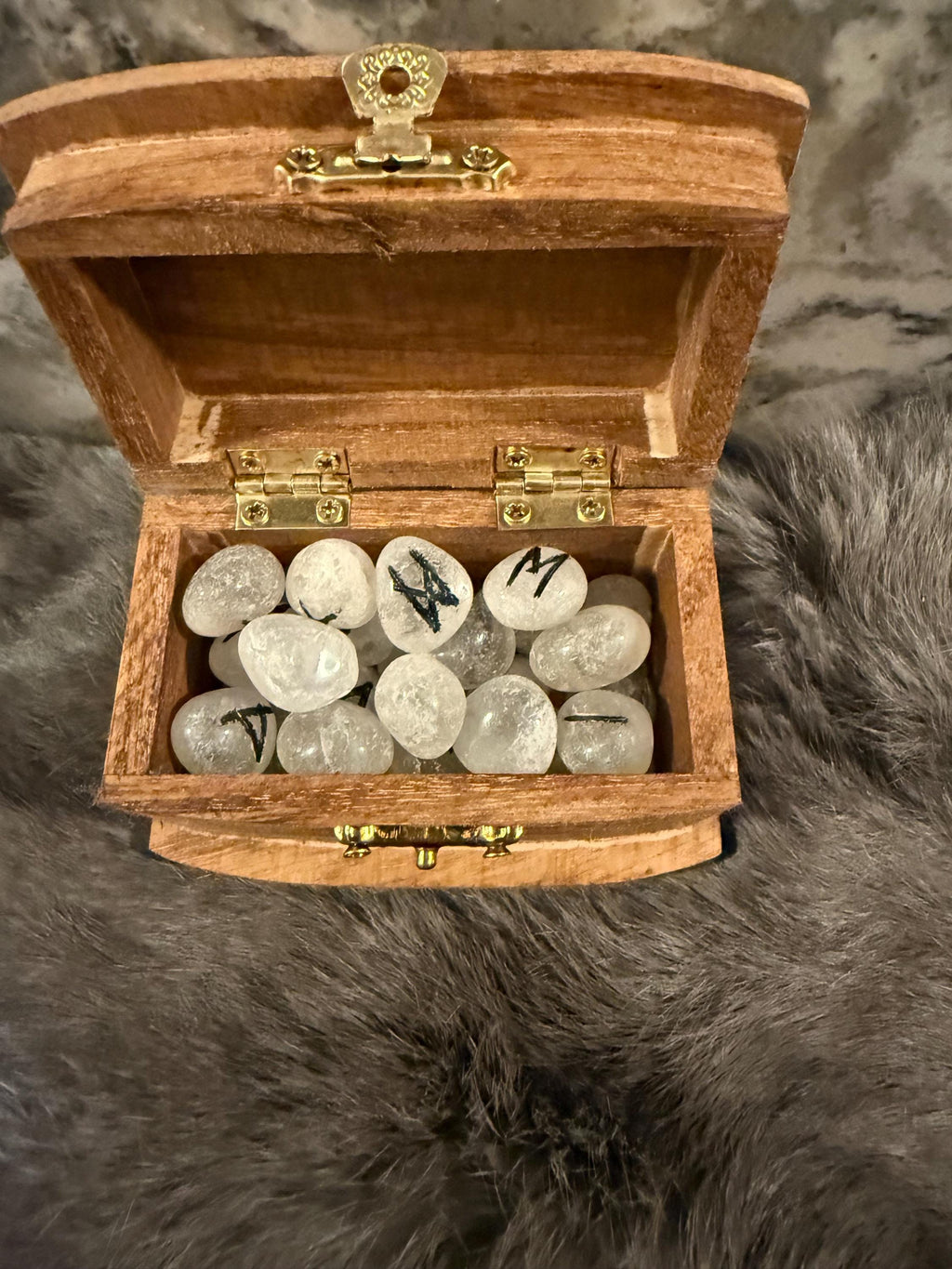 Gemstone Rune Set: Elder Futhark Runes With Thor’s Hammer Etched Wooden Box