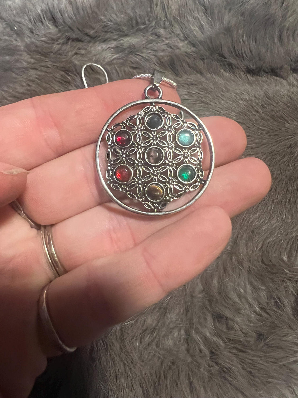 Flower of Life Crystal Grid Necklace: Gemstone Cabochan Pendant