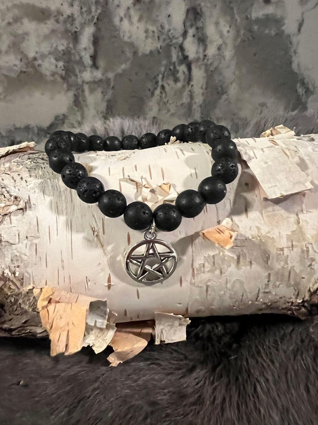 Hand Beaded Lava Stone Bracelet with Pentacle Charm