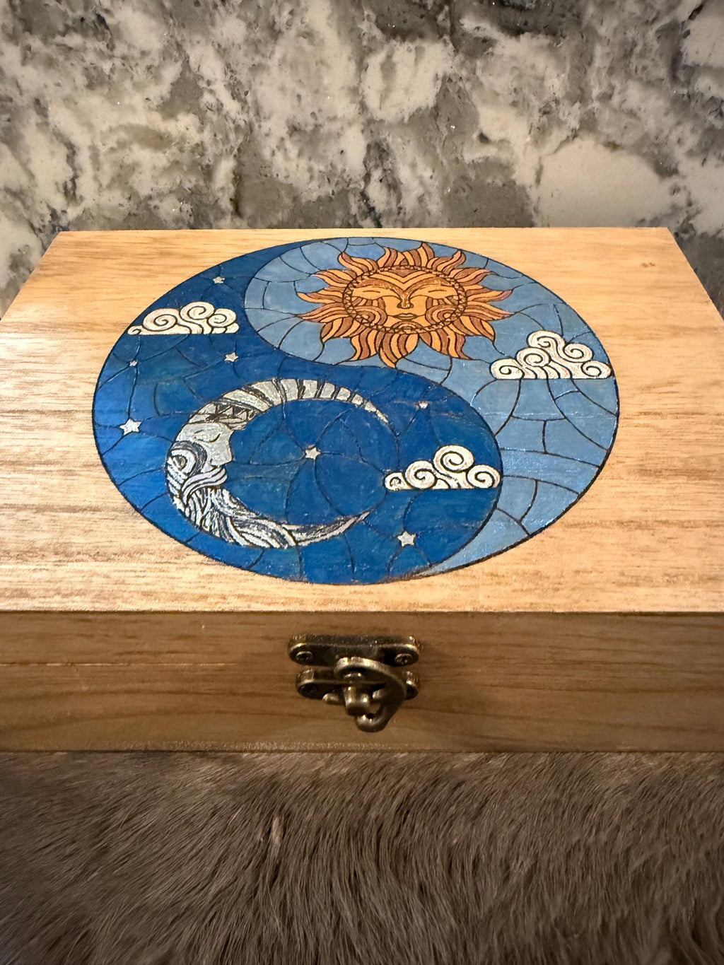 Celestial Yin Yang Altar Box: Wood Burned Sun & Moon
