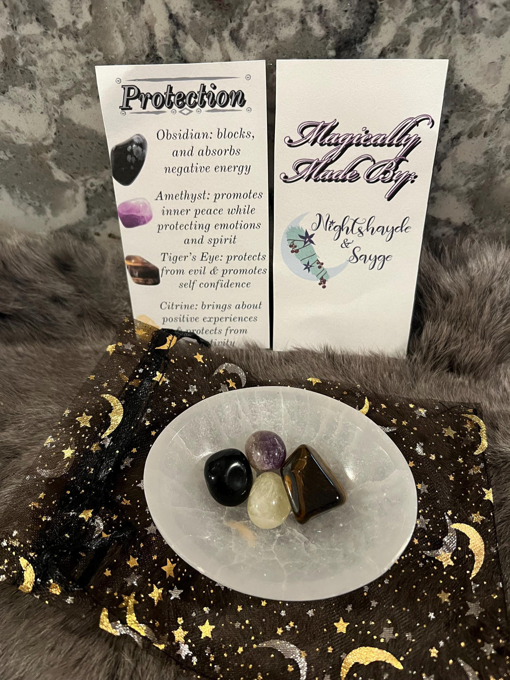 Protection Gemstone Kit: Tumbled Obsidian, Amethyst, Tiger's Eye, Citrine