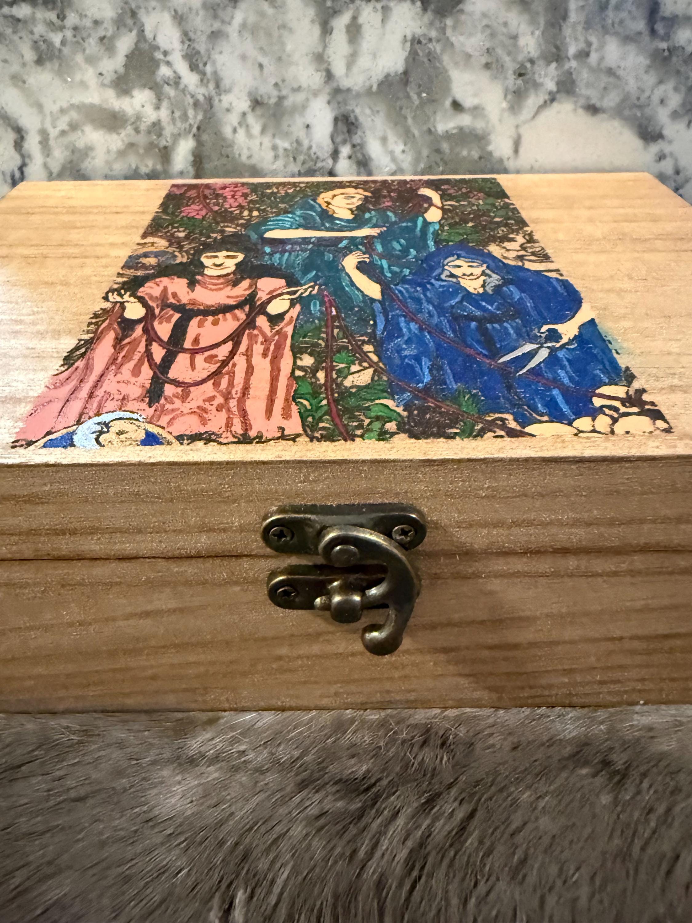 The Three Fates Altar Box: Wood Burned Greek Mythology Keepsake