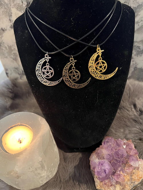 Crescent Moon Pentacle Necklace: Witchy Pagan Jewelry