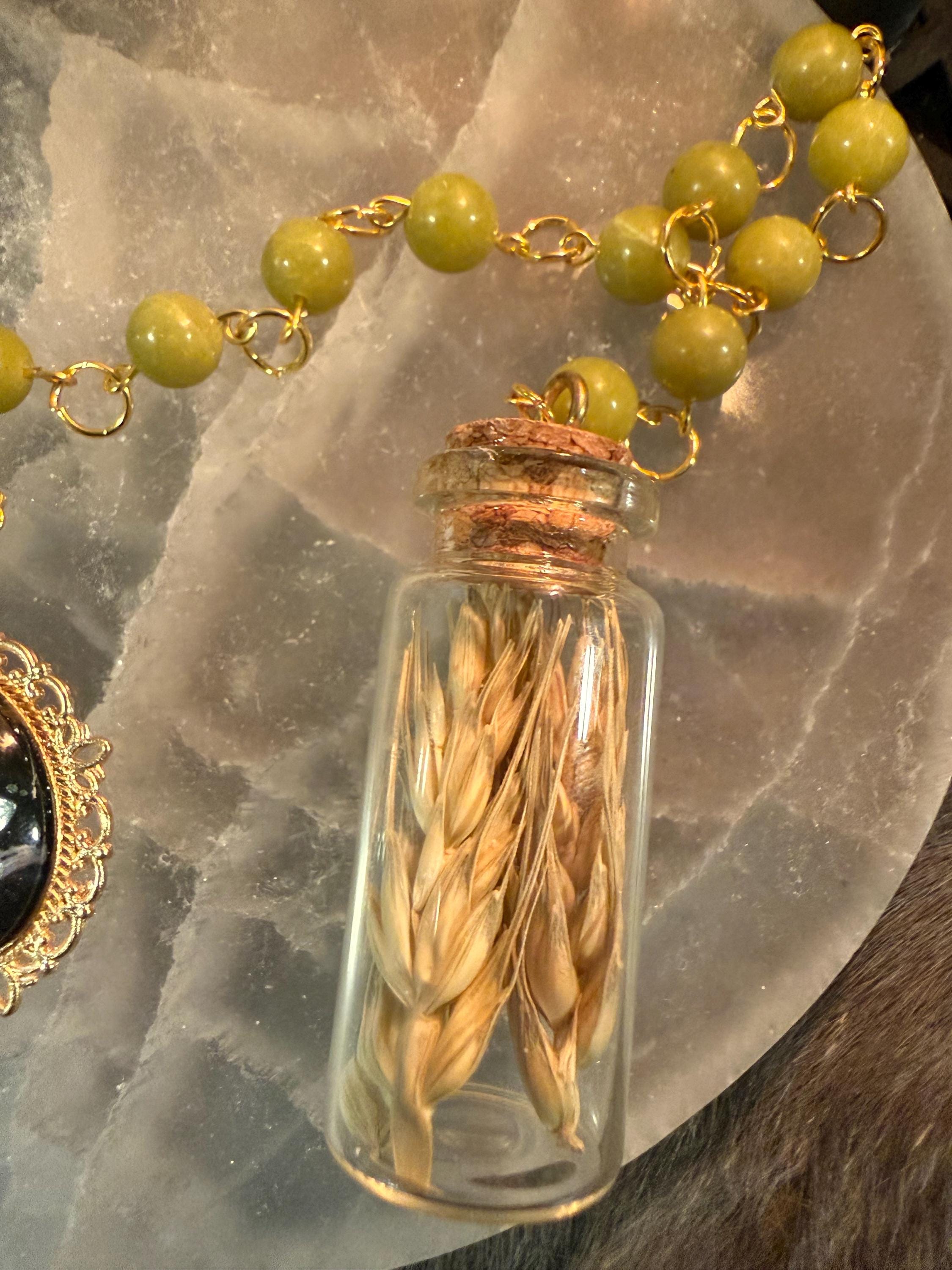 Demeter Prayer Beads: Green Jade, Dried Wheat, Goddess Altar Tool