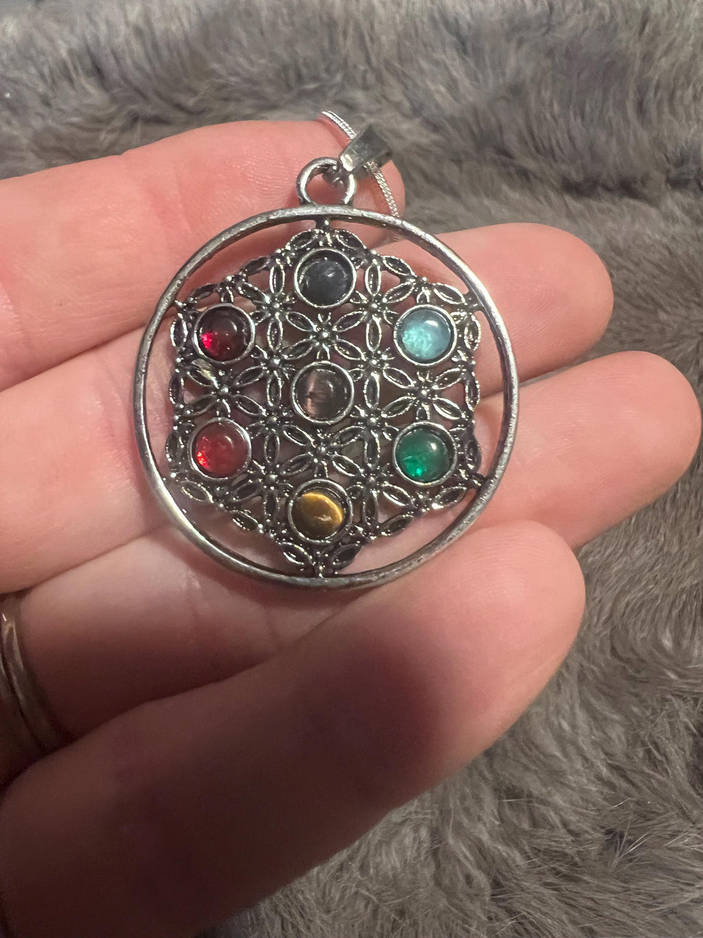 Flower of Life Crystal Grid Necklace: Gemstone Cabochan Pendant
