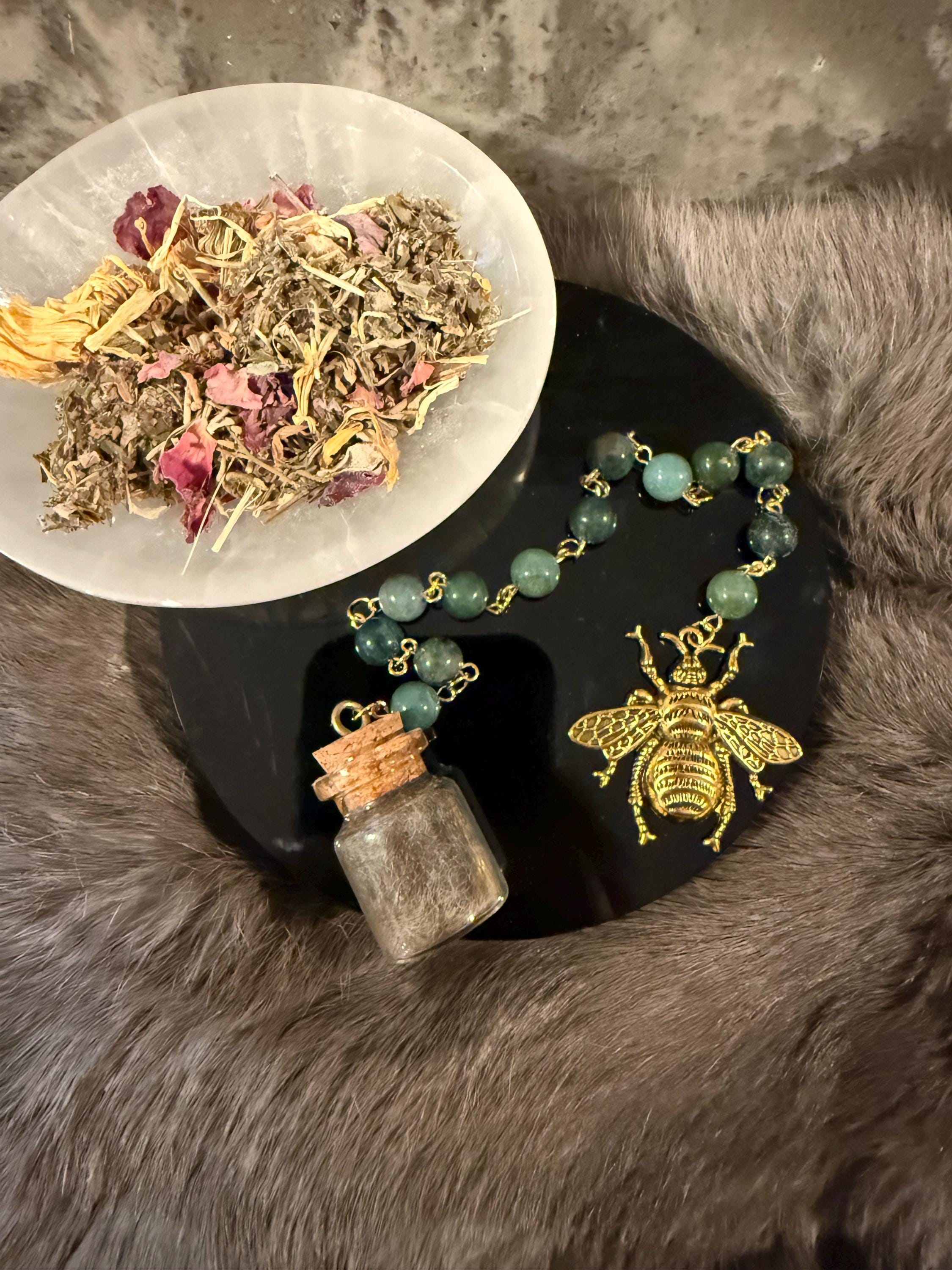 Brigid Deity Prayer Beads: Moss Beads, Bee Charm, Sheep's Wool