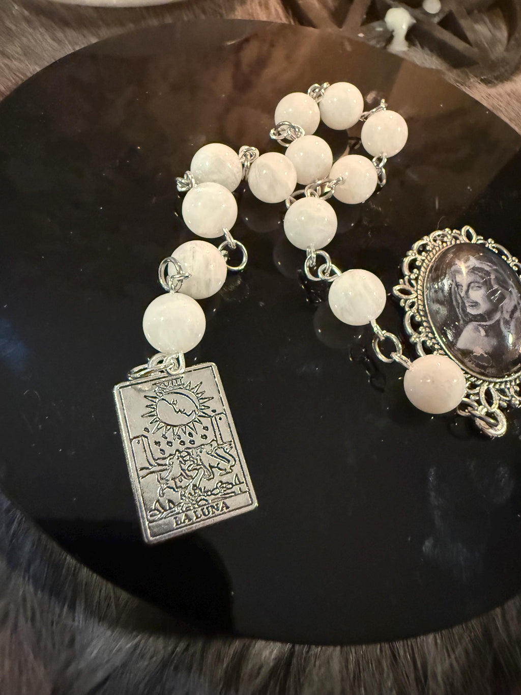 Nyx Prayer Beads: Rainbow Moonstone, La Luna Tarot Charm