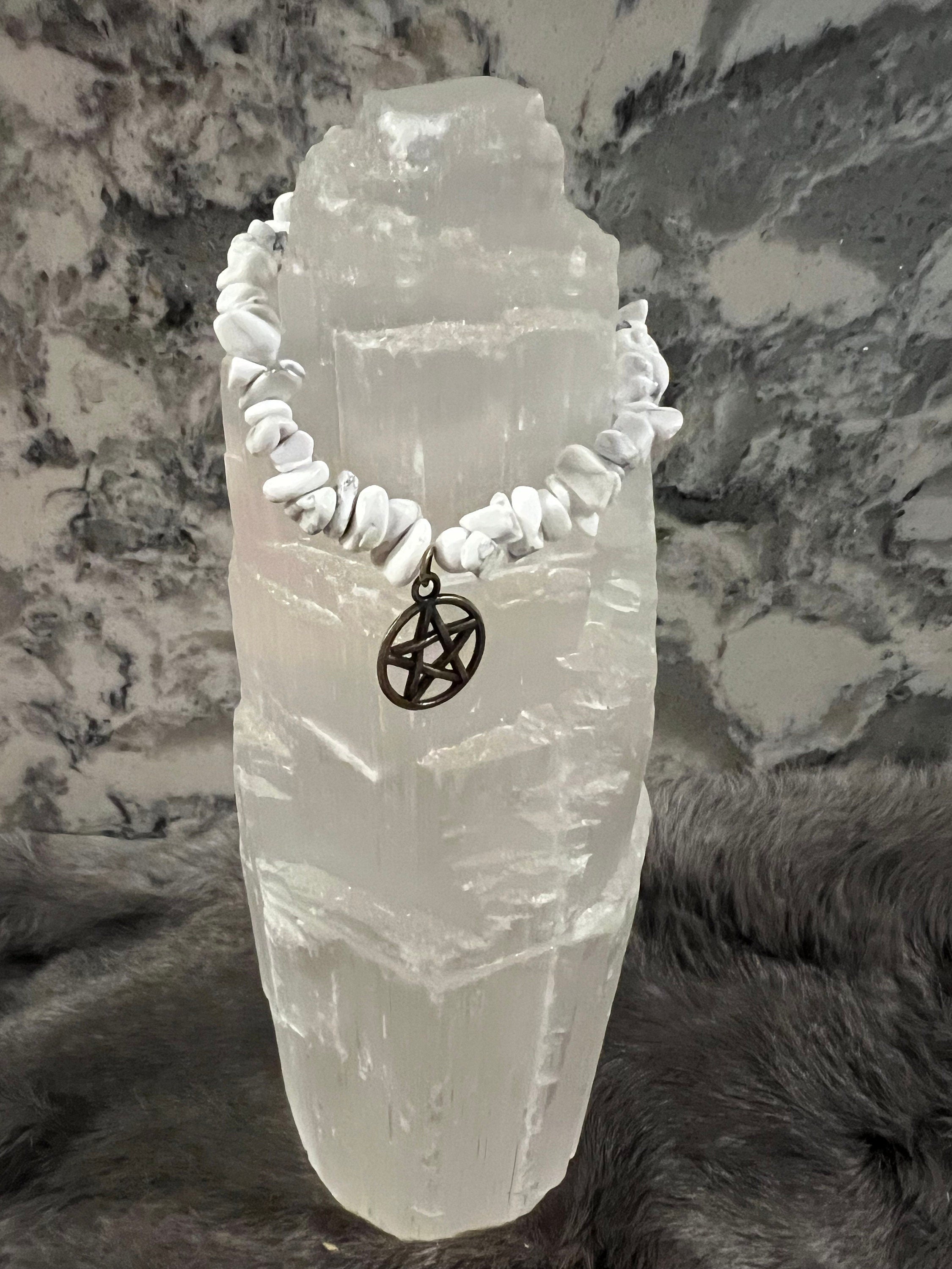 Handmade Howlite Chip Bracelet: Witchy Pentacle Charm