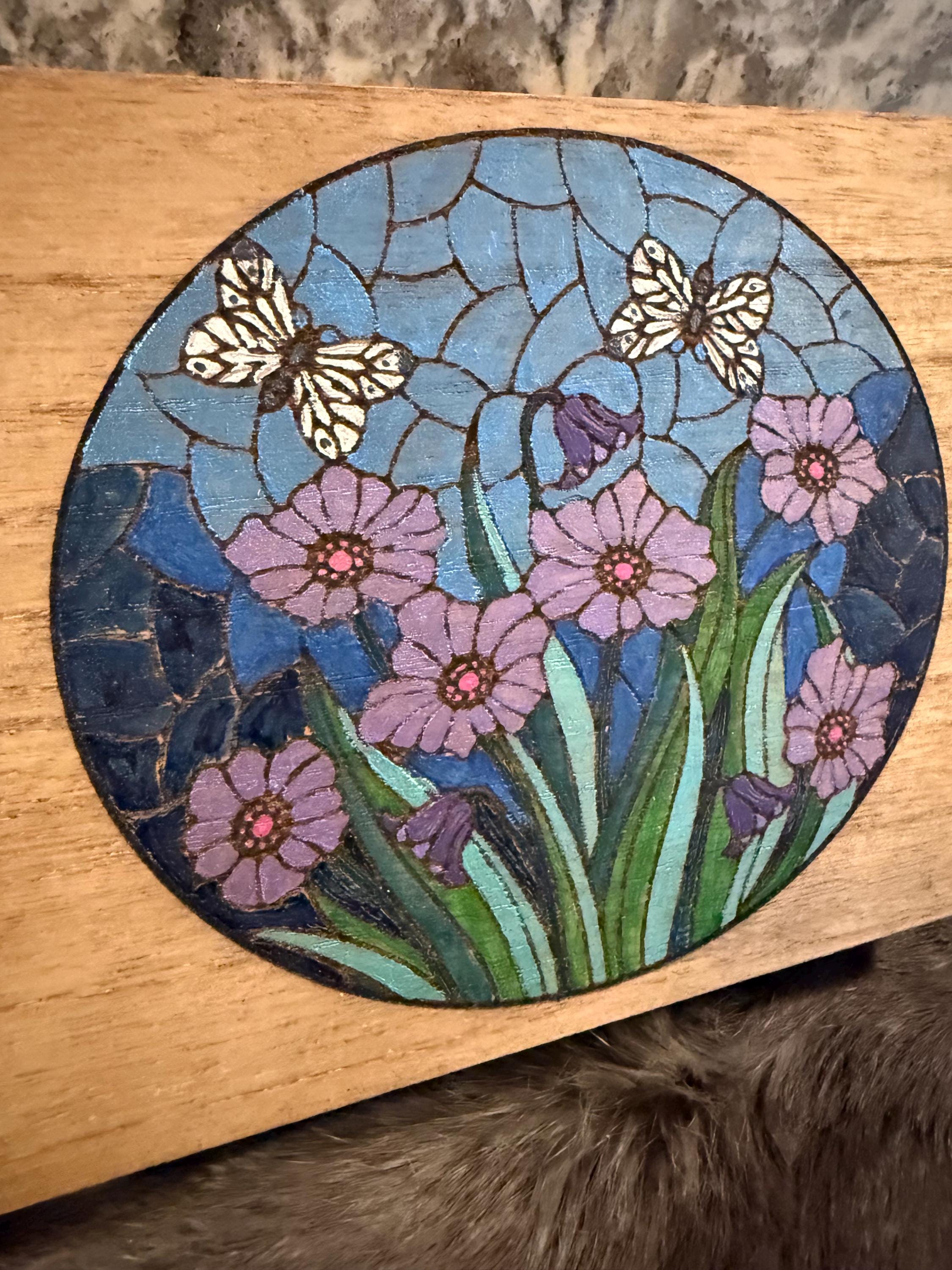 Handmade Garden Altar Box: Wood Burned Stained Glass Style
