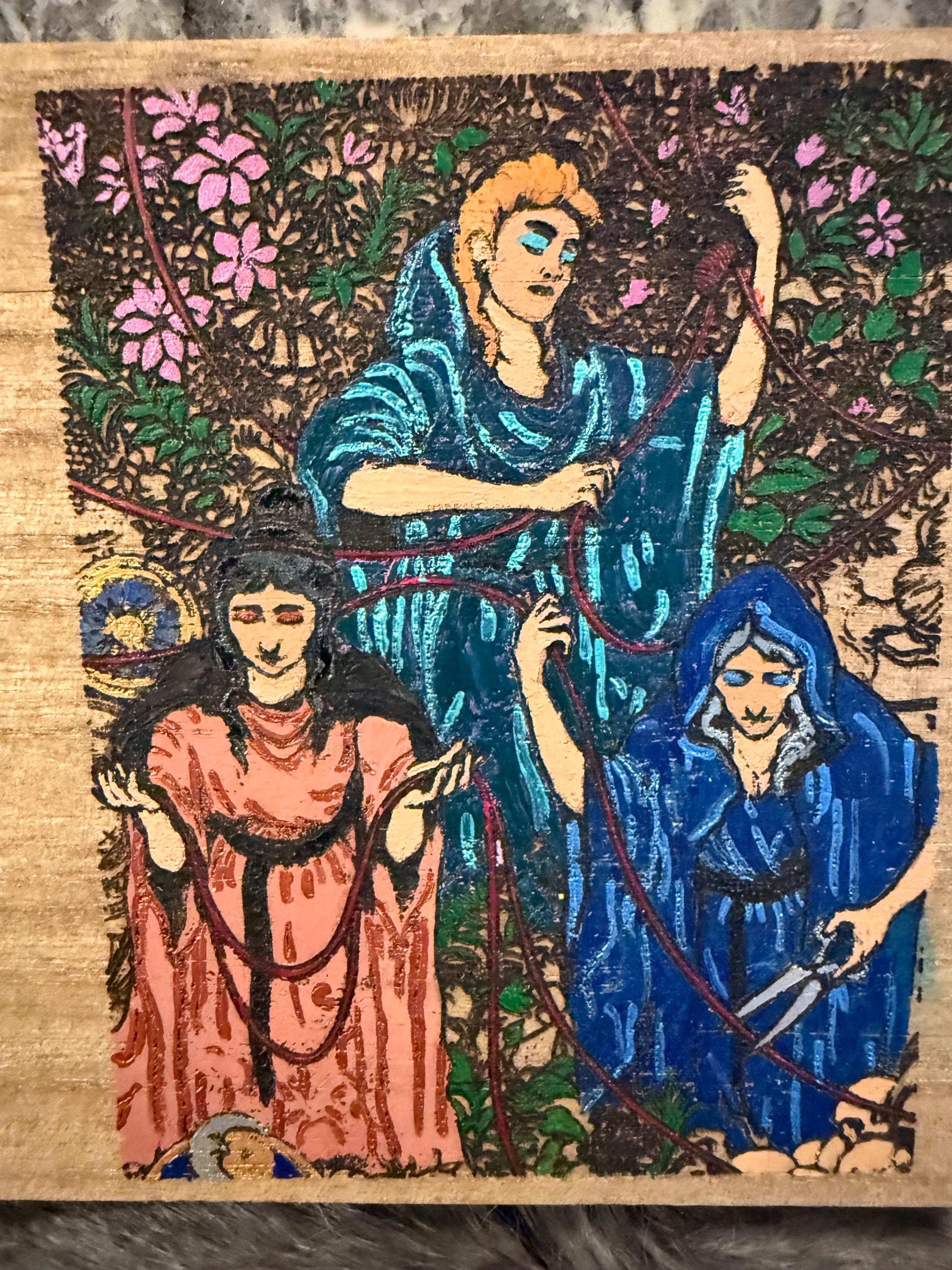 The Three Fates Altar Box: Wood Burned Greek Mythology Keepsake