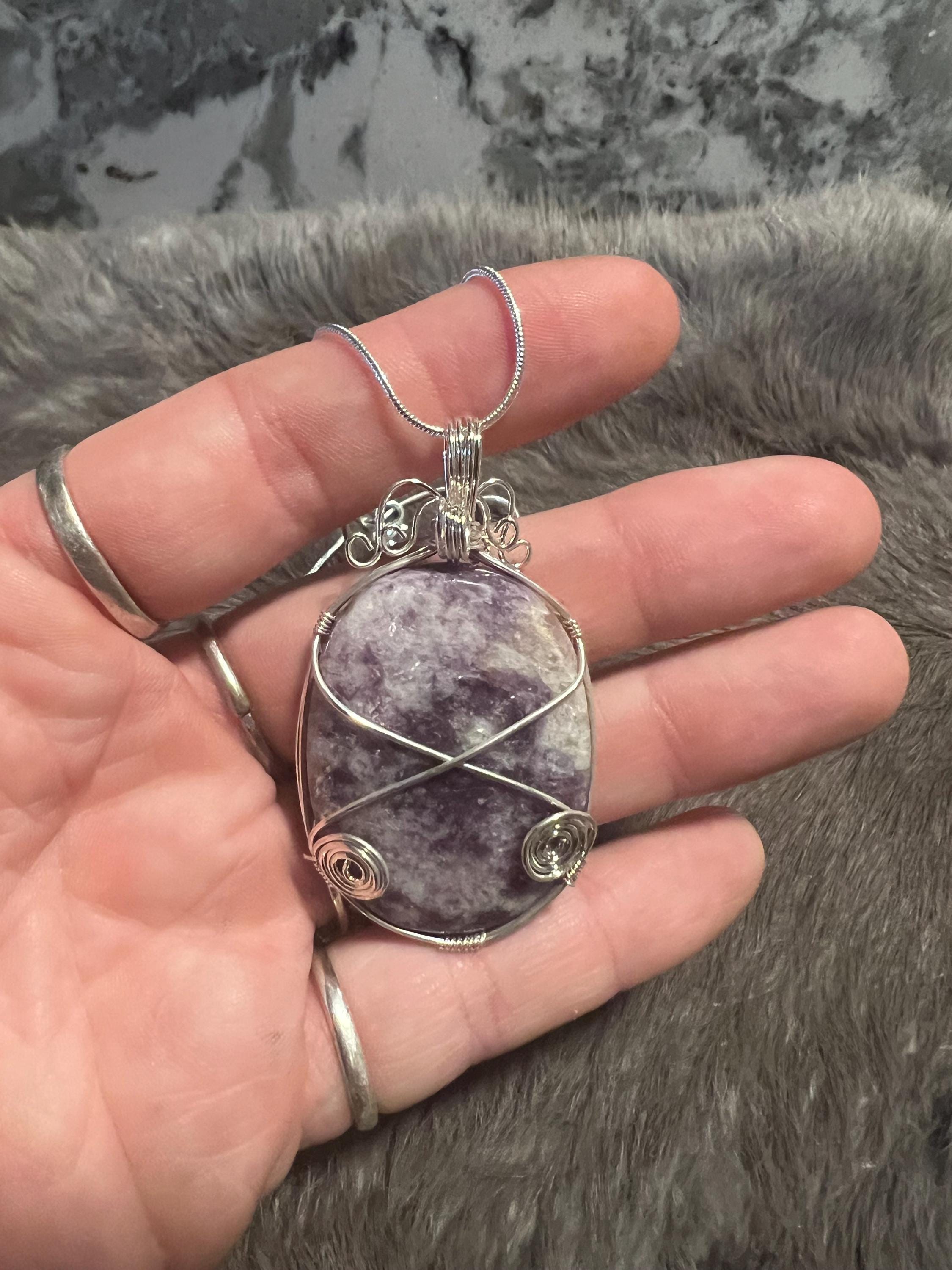 Wire Wrapped Lepidolite Pendant: Calming Gemstone Necklace