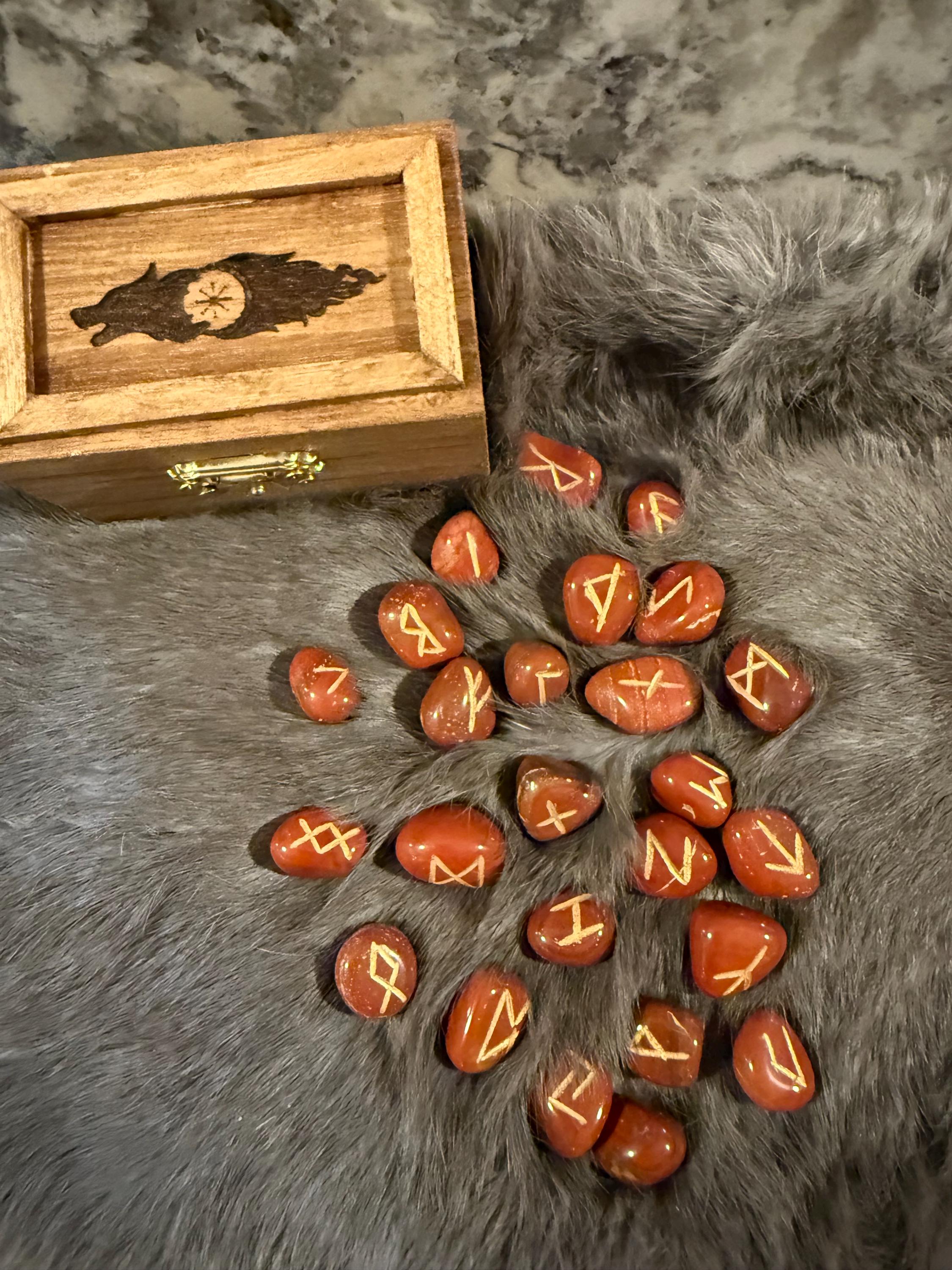 Gemstone Rune Set: Elder Futhark Runes With Fenrir Etched Wooden Box