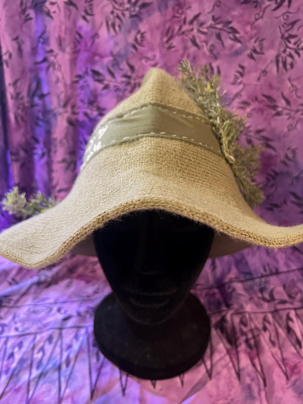Knit Witch Hat: Green Linen Band, Faux Rosemary Decor