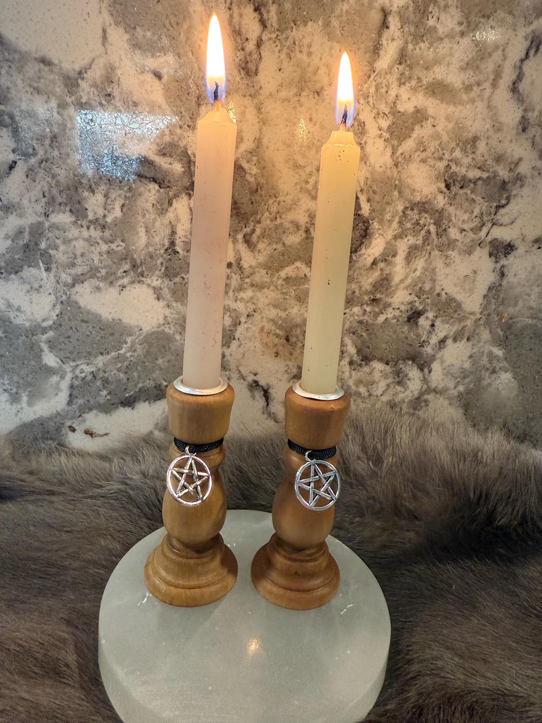 Wooden Chime Candle Holder: Golden Walnut Altar Decor with Pentacle Charm