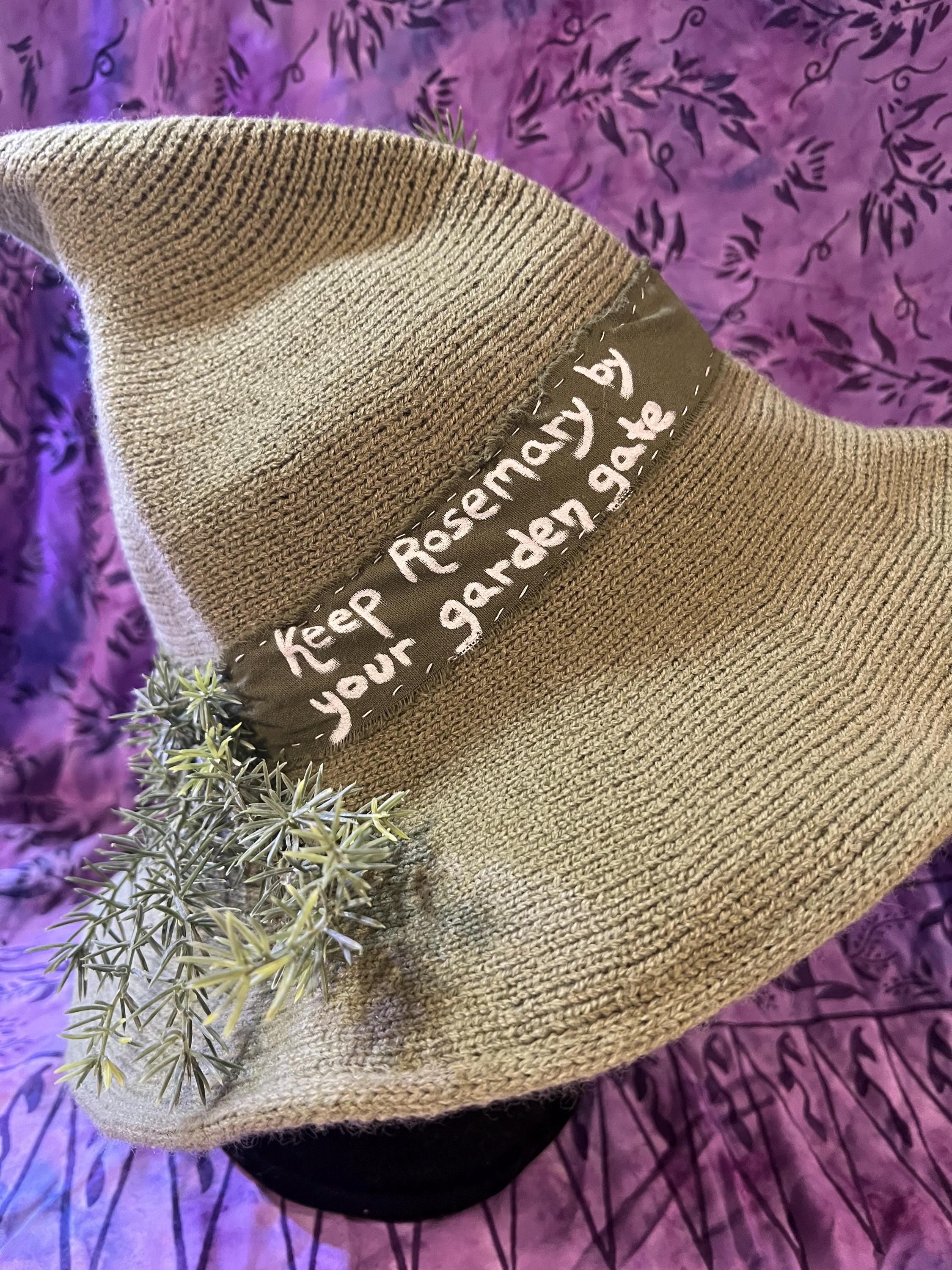 Knit Witch Hat: Green Linen Band, Faux Rosemary Decor