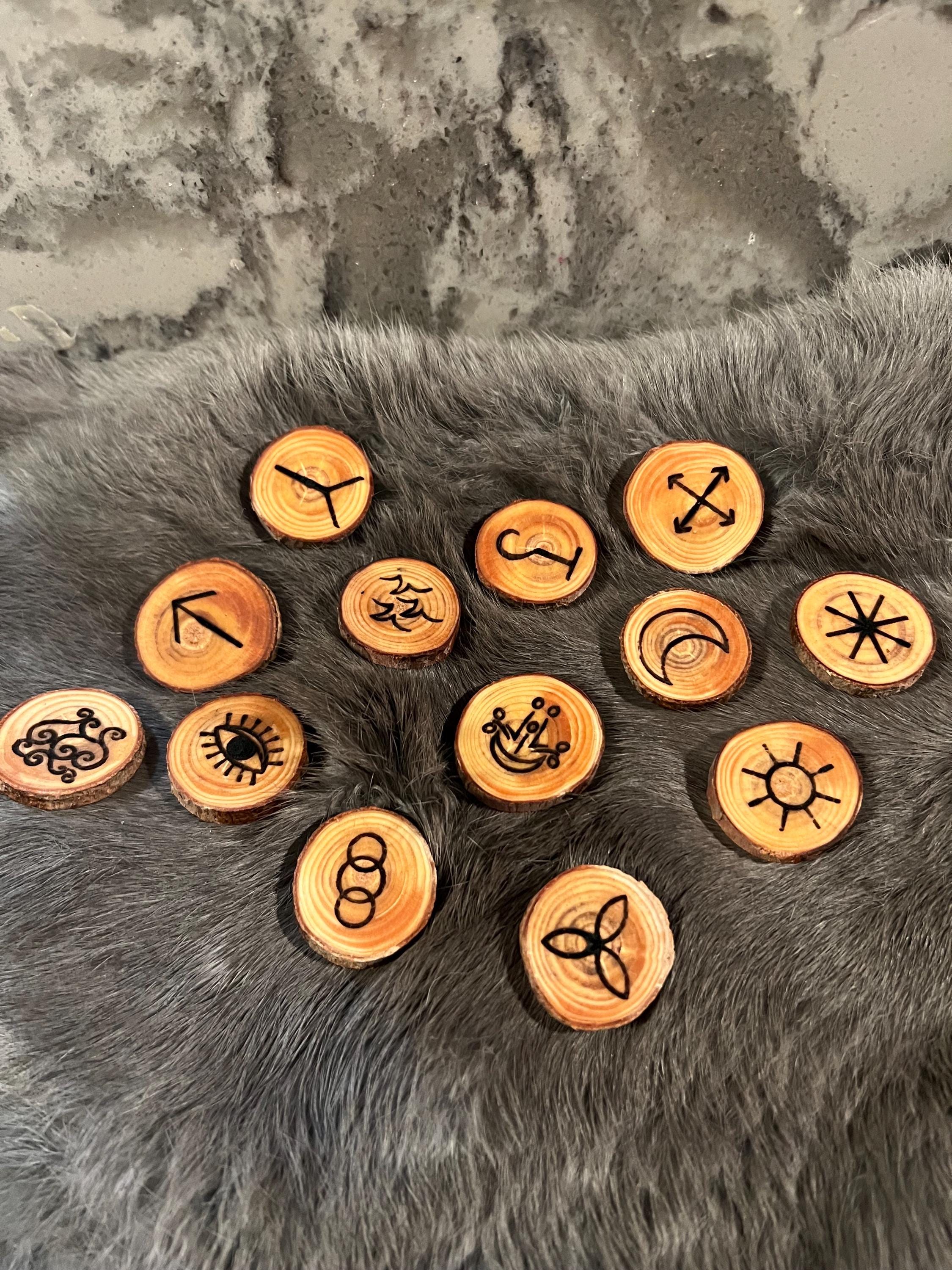 Wooden Witch Rune Set – Pine Discs, Divination Tool, Velvet Bag