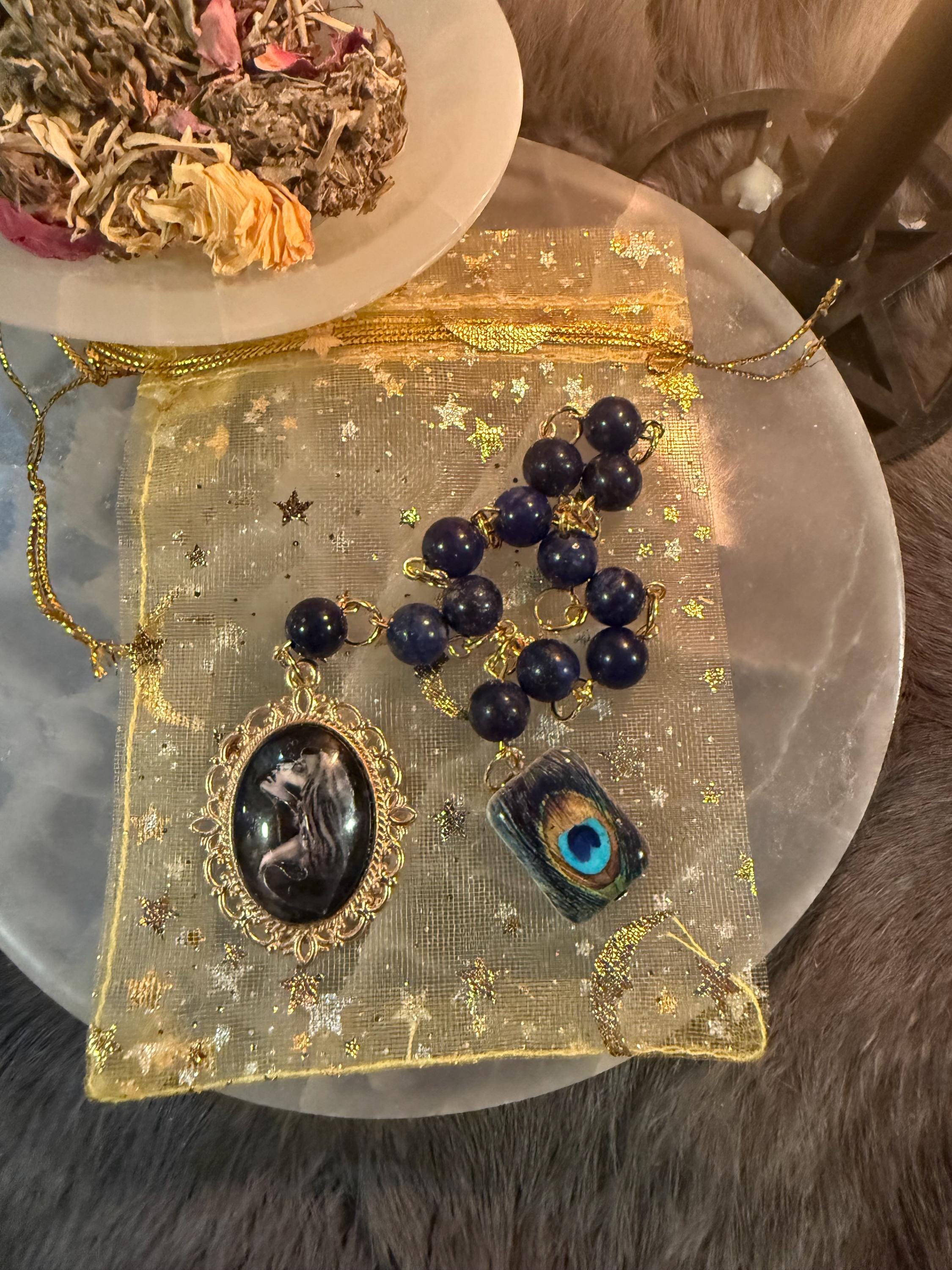 Hera Prayer Beads: Lapis Lazuli Goddess Rosary, Peacock Accent