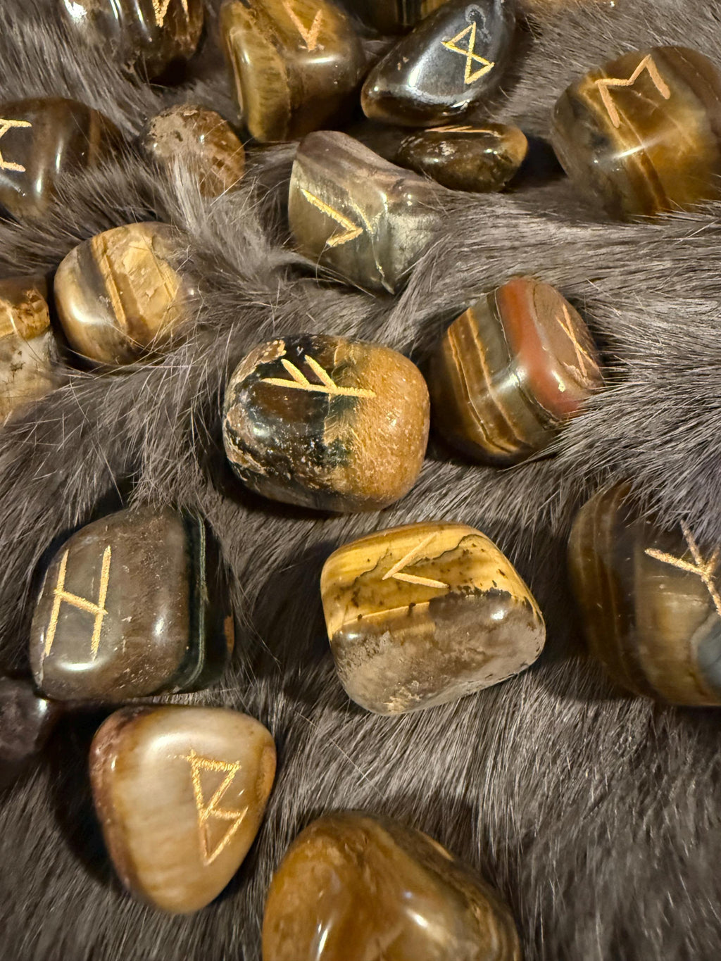 Gemstone Rune Set: Elder Futhark Runes With Crossed Viking Axes Etched Wooden Box