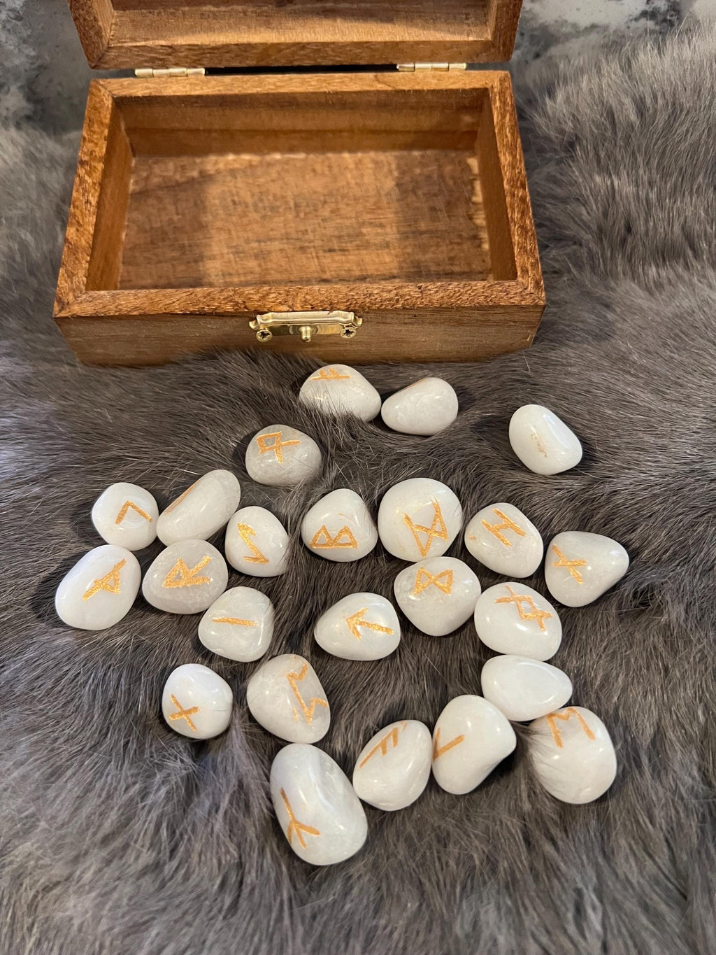 Quartz Rune Set - Gold Etched Elder Futhark, Yggdrasil Box
