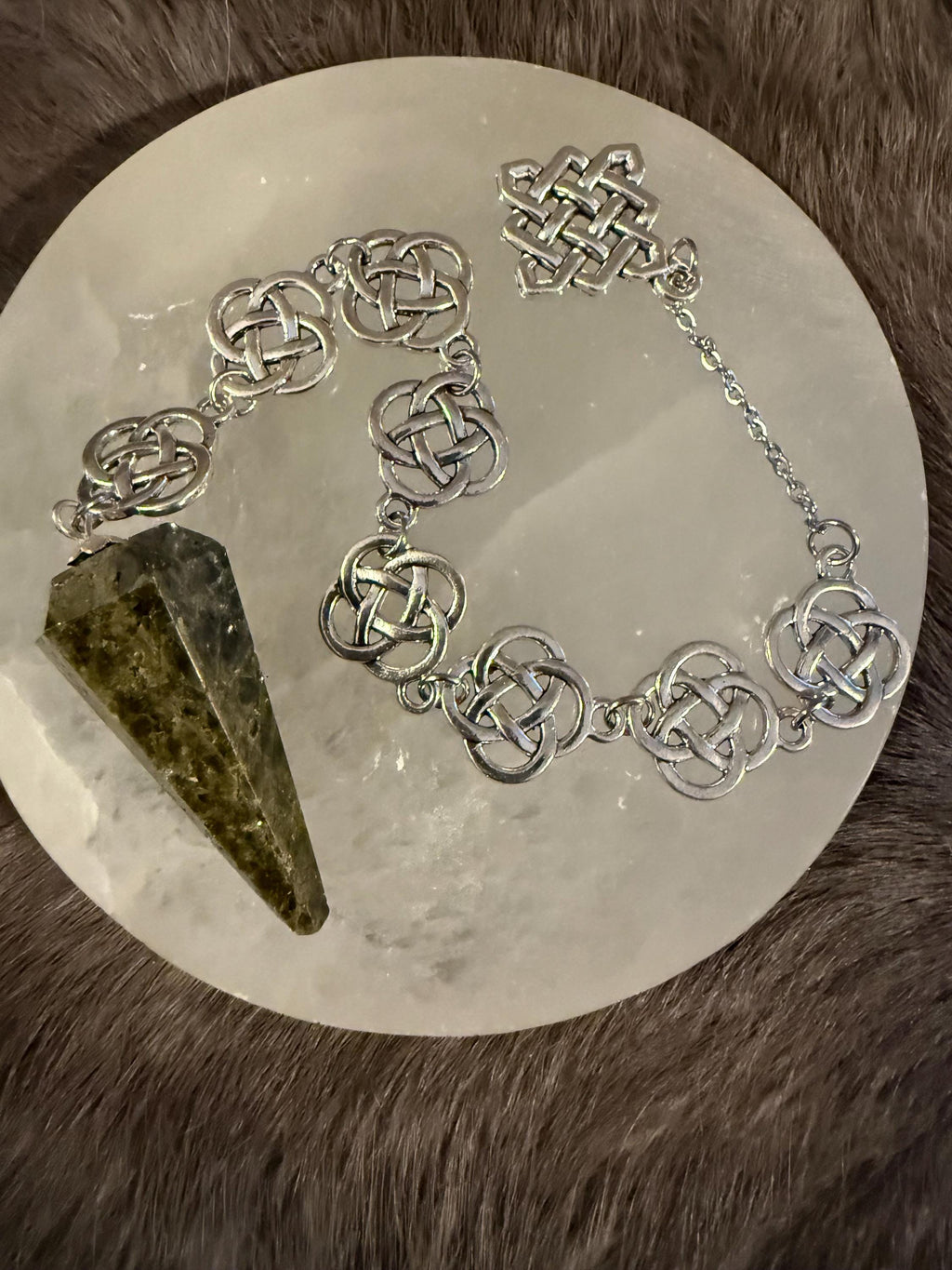 Green Tourmaline Pendulum: Beaded Celtic Knot Divination Tool