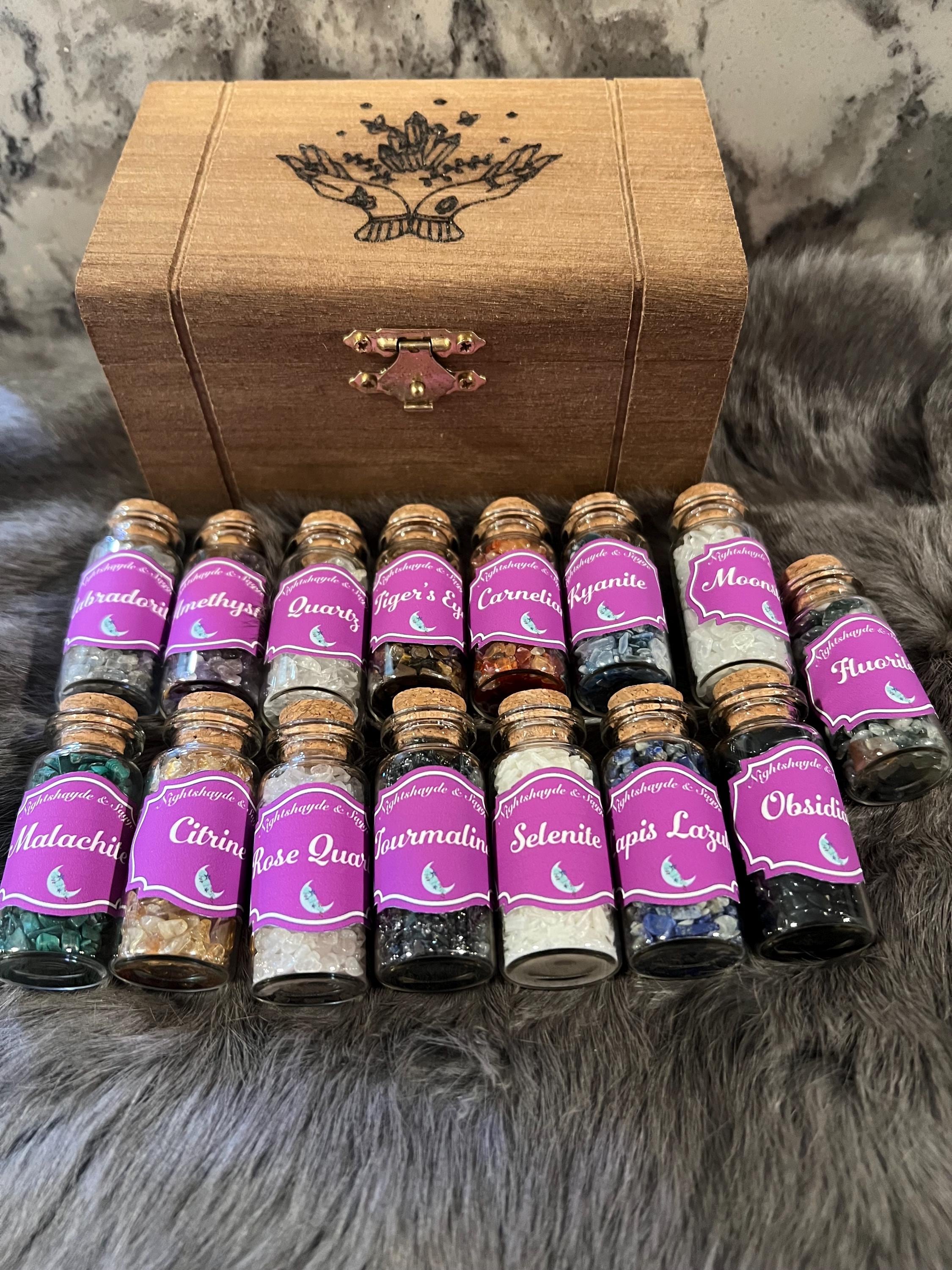 Witchy Crystal Starter Kit: 15 Mini Spell Bottles in Etched Box