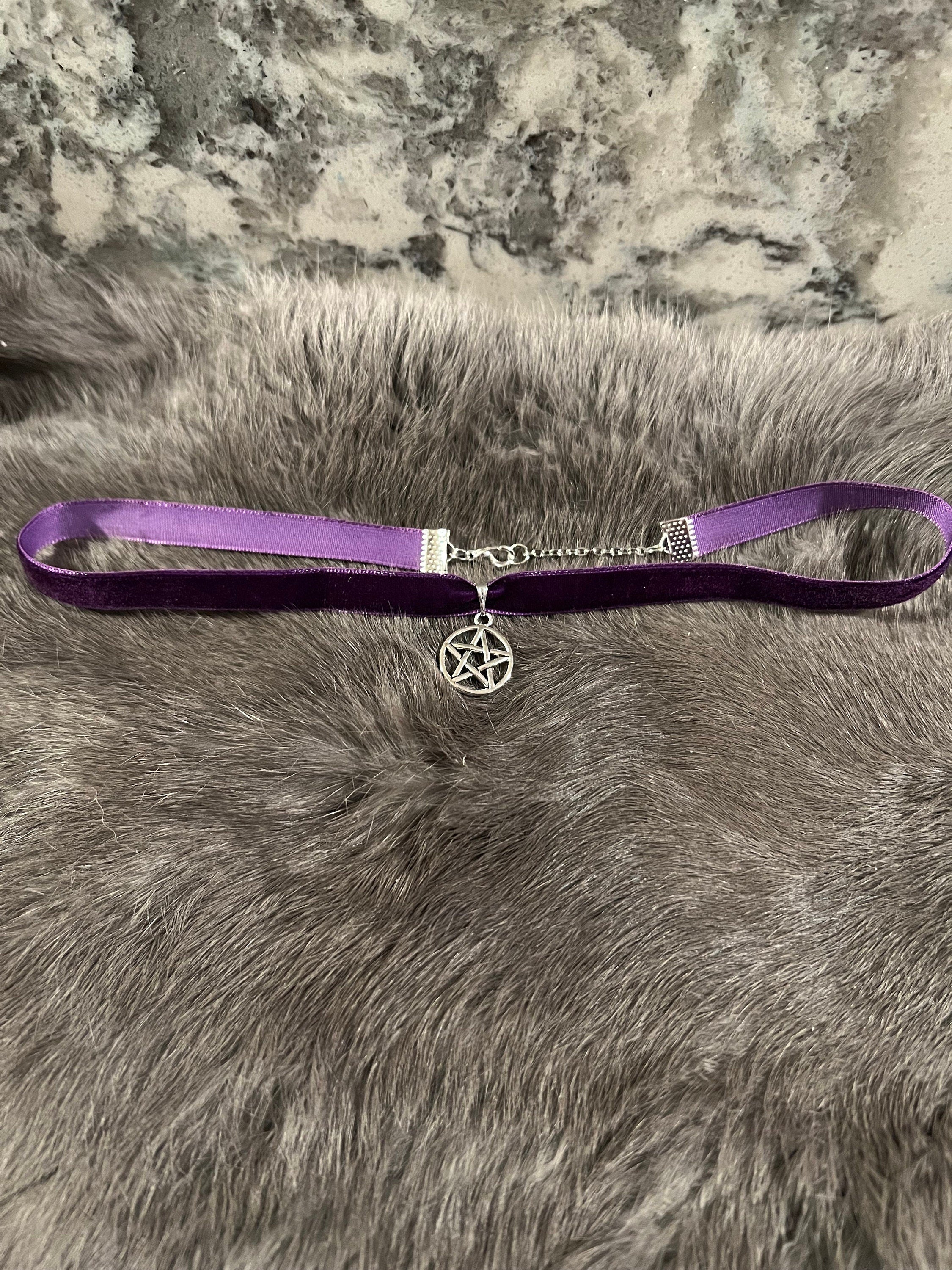 Velvet Pentacle Choker: Witchy Silver Pendant Necklace