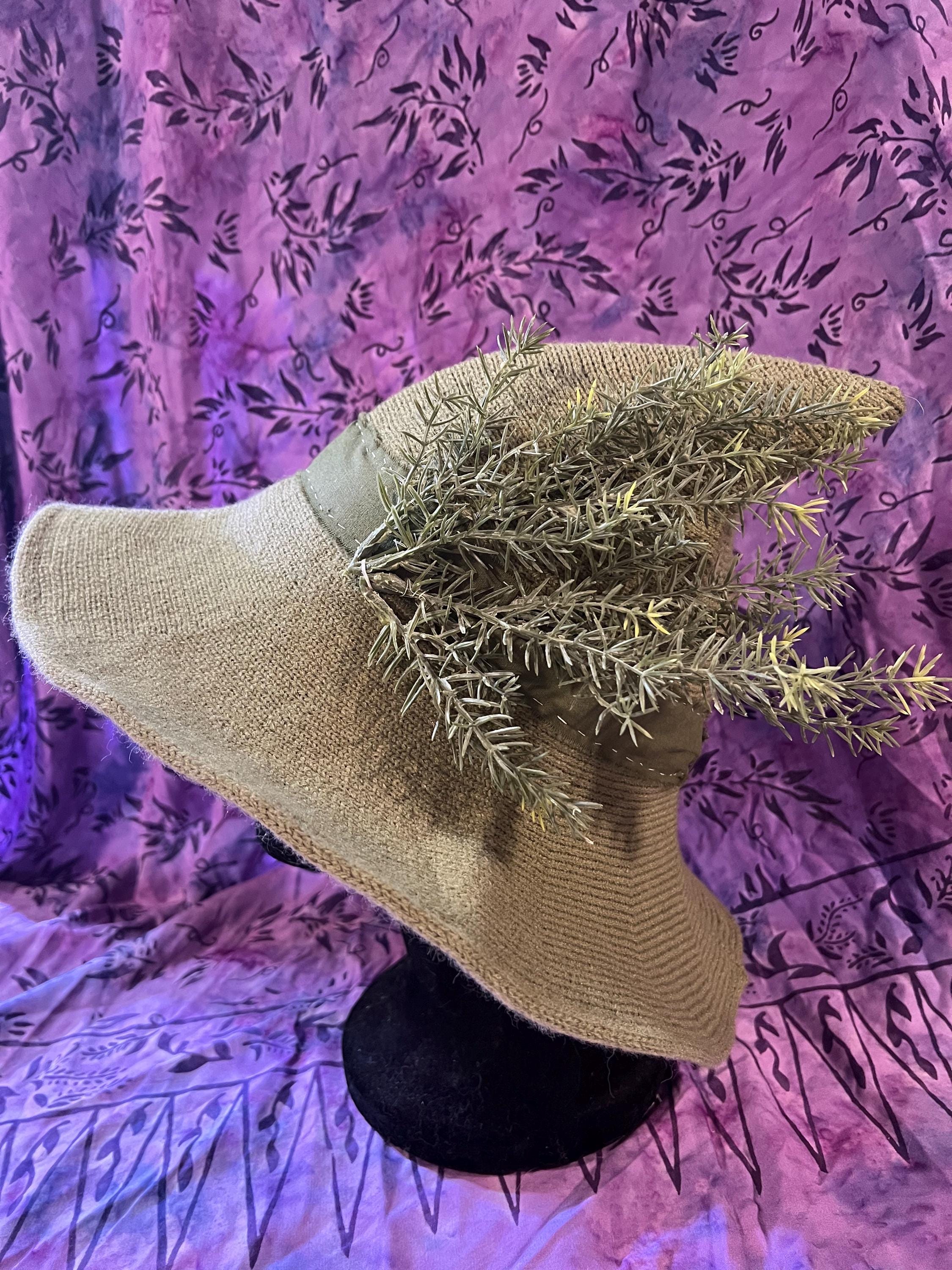Knit Witch Hat: Green Linen Band, Faux Rosemary Decor