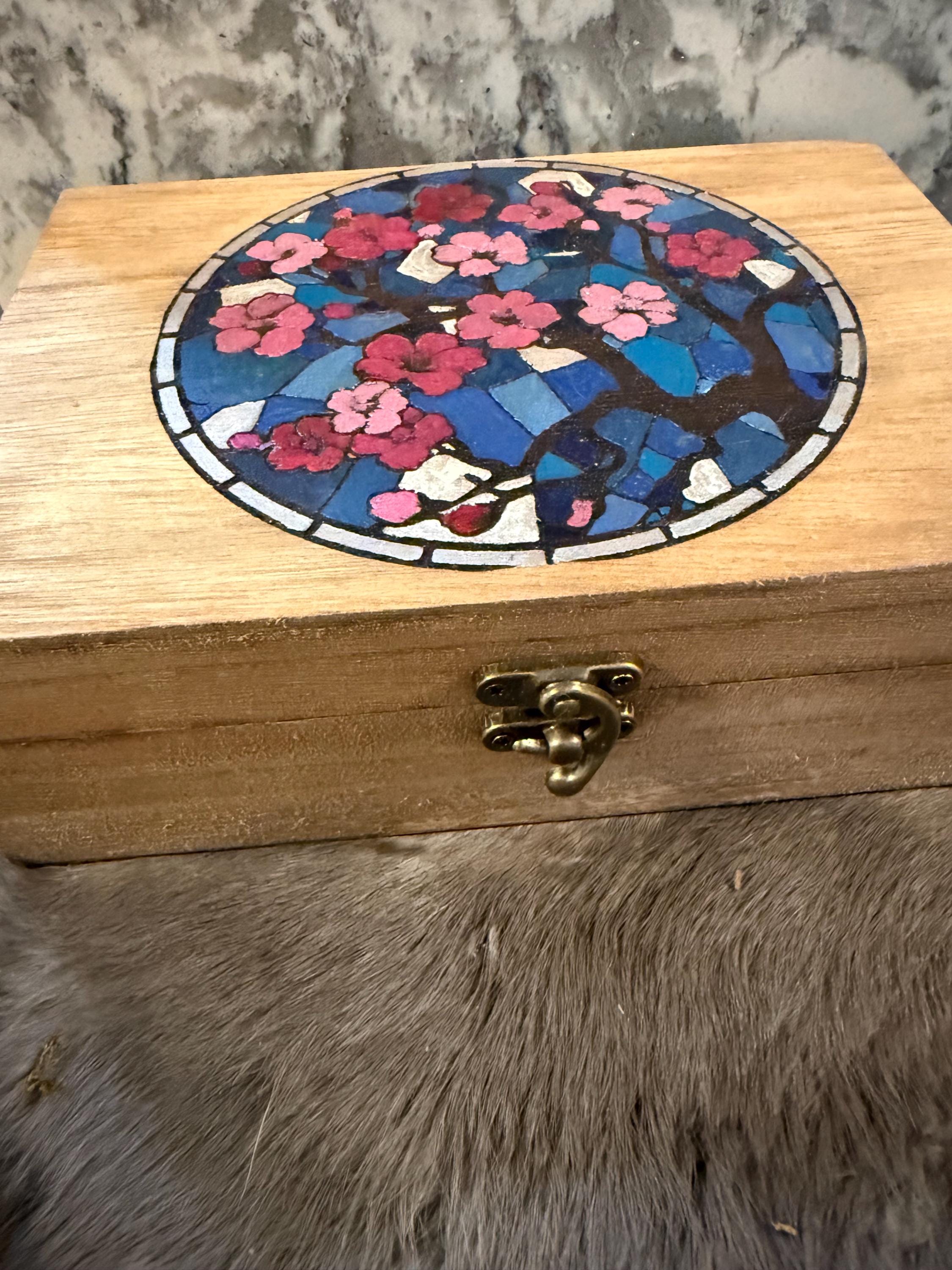 Cherry Blossom Altar Box: Stained Glass Style, Wood Burned