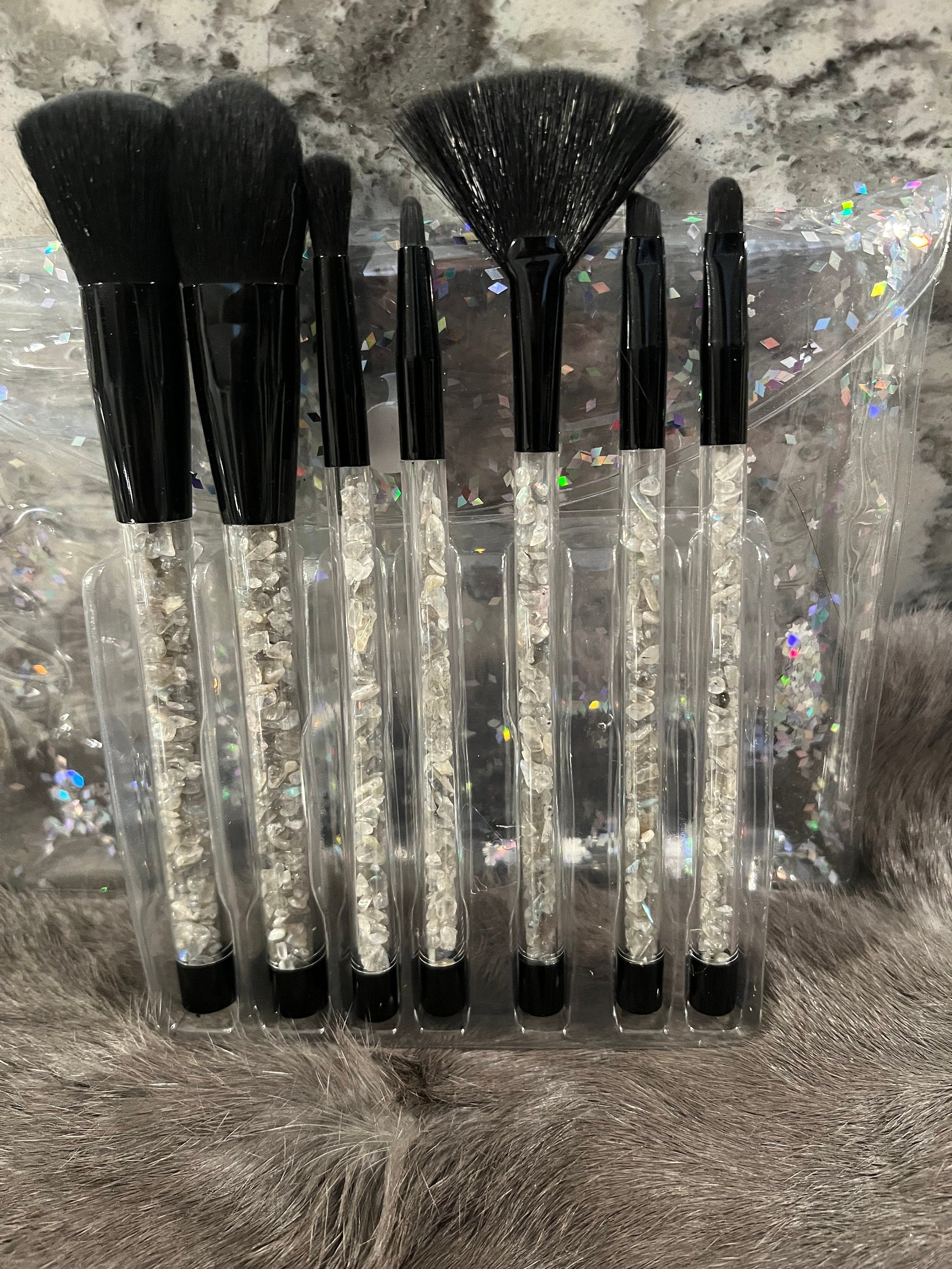 Gemstone Makeup Brush Set: Witchy Black Brushes with Labradorite Chips