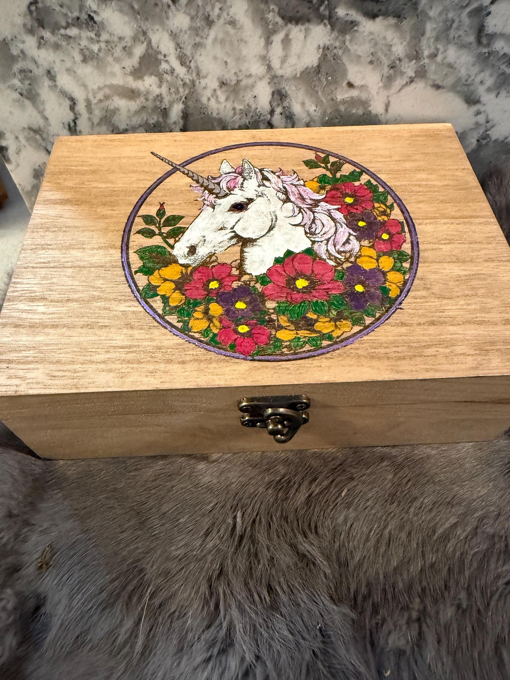 Wood Burned Unicorn Altar Box: Fantasy Wildflower Design
